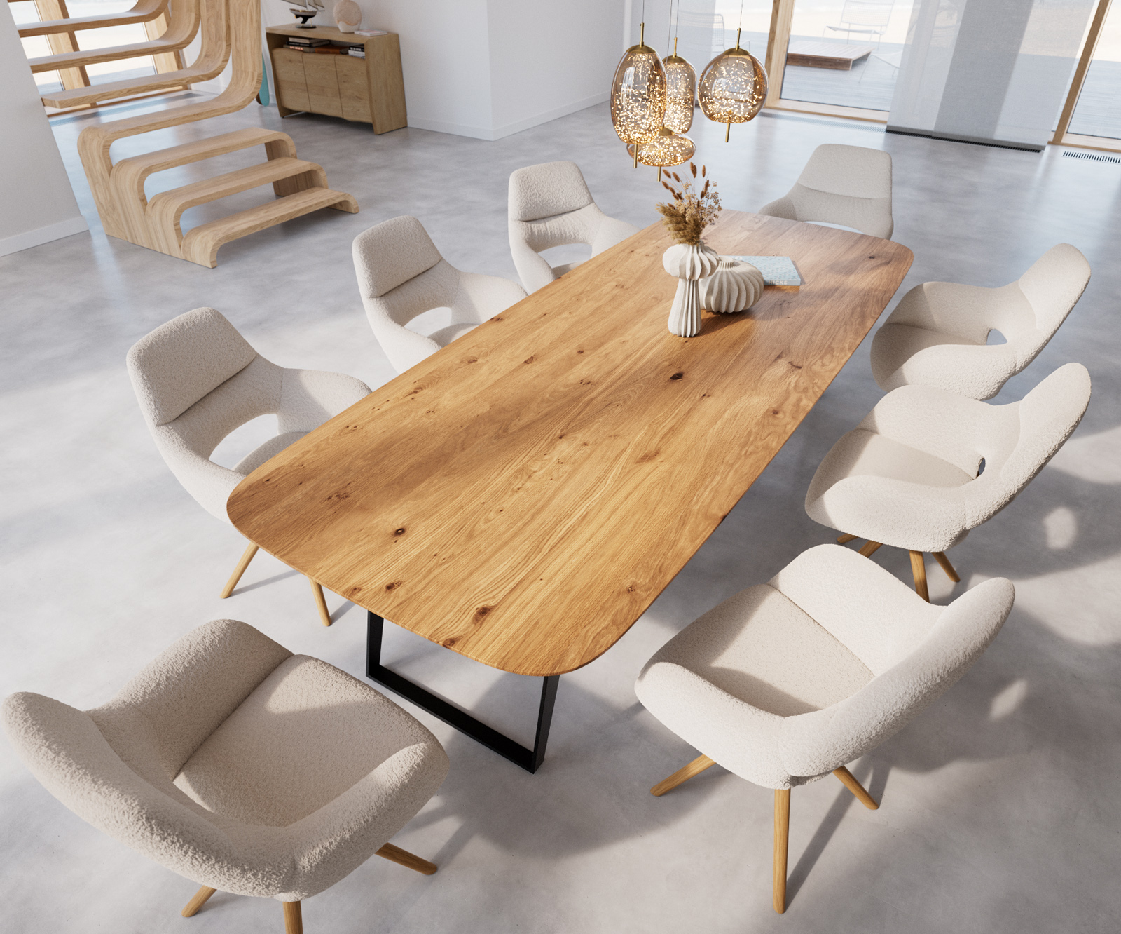 Étkezőasztal Edge hajóformájú 300x120x2,5-3 tölgy természetes fém ferde fekete svájci él - Image 4