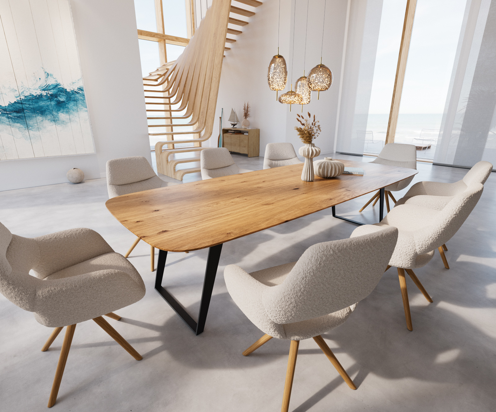 Étkezőasztal Edge hajóformájú 300x120x2,5-3 tölgy természetes fém ferde fekete svájci él - Image 6