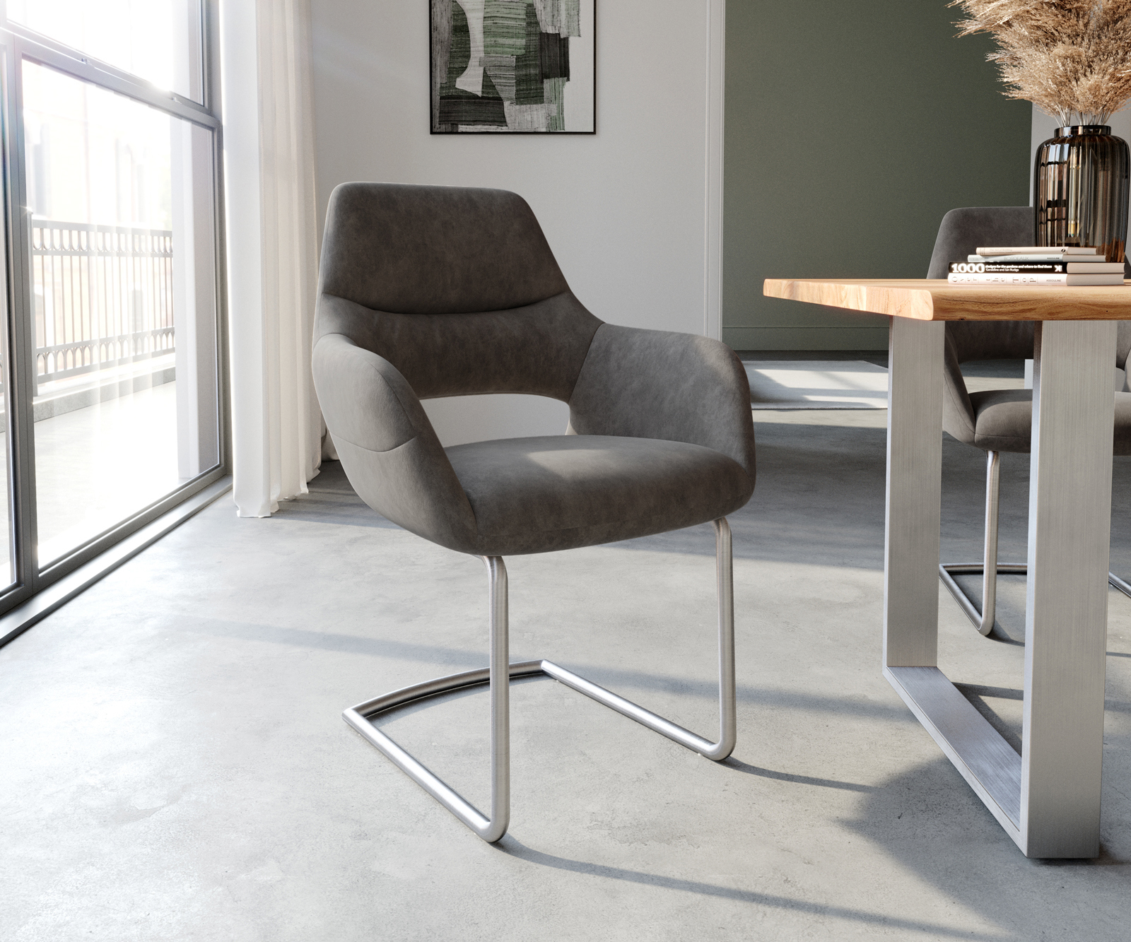 Étkezőszék Yago-Flex kárpitozott karfás mikroszálas antracit vintage étkezőszék kerek rozsdamentes acél zsákrugós