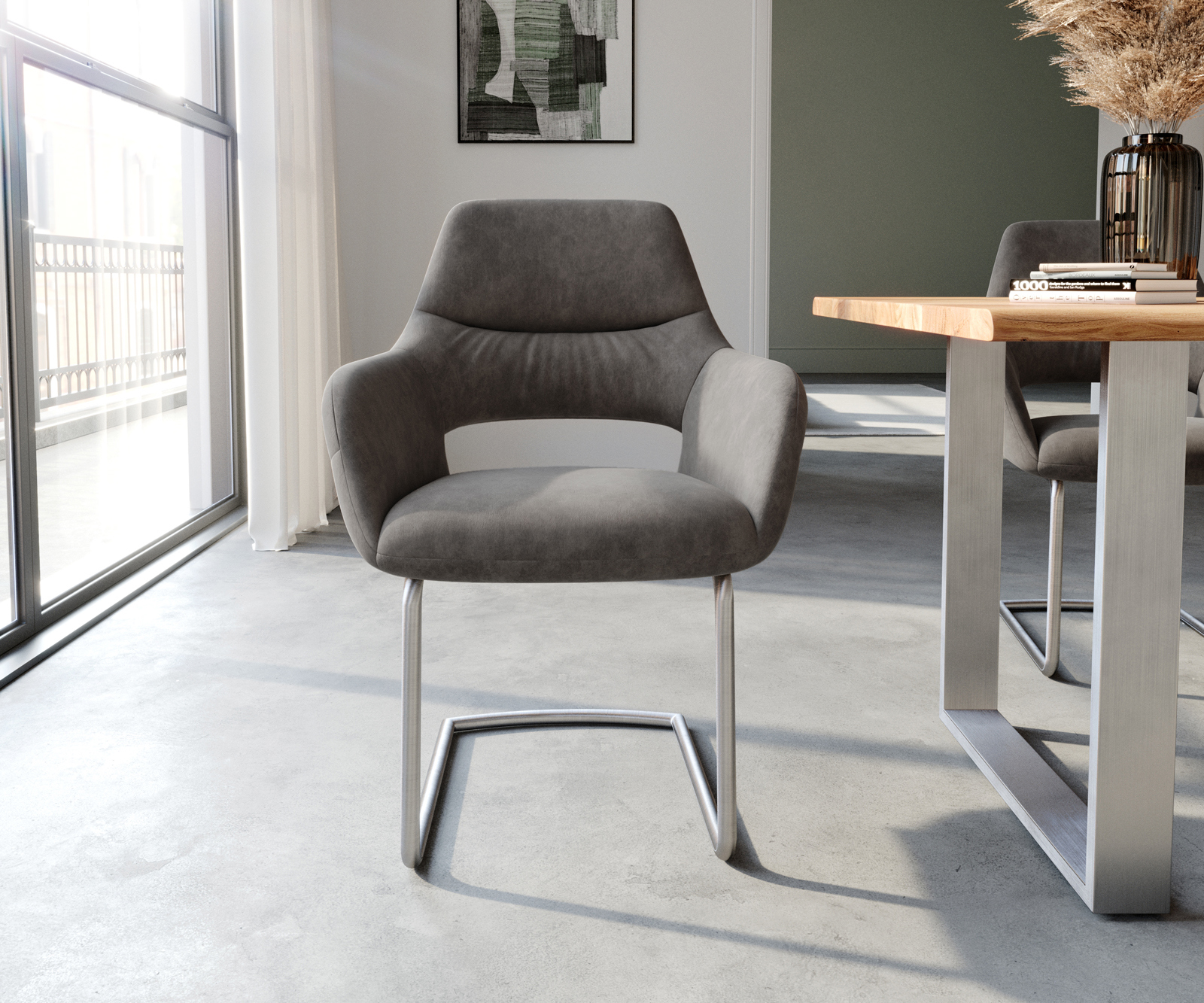 Étkezőszék Yago-Flex kárpitozott karfás mikroszálas antracit vintage étkezőszék kerek rozsdamentes acél zsákrugós - Image 2