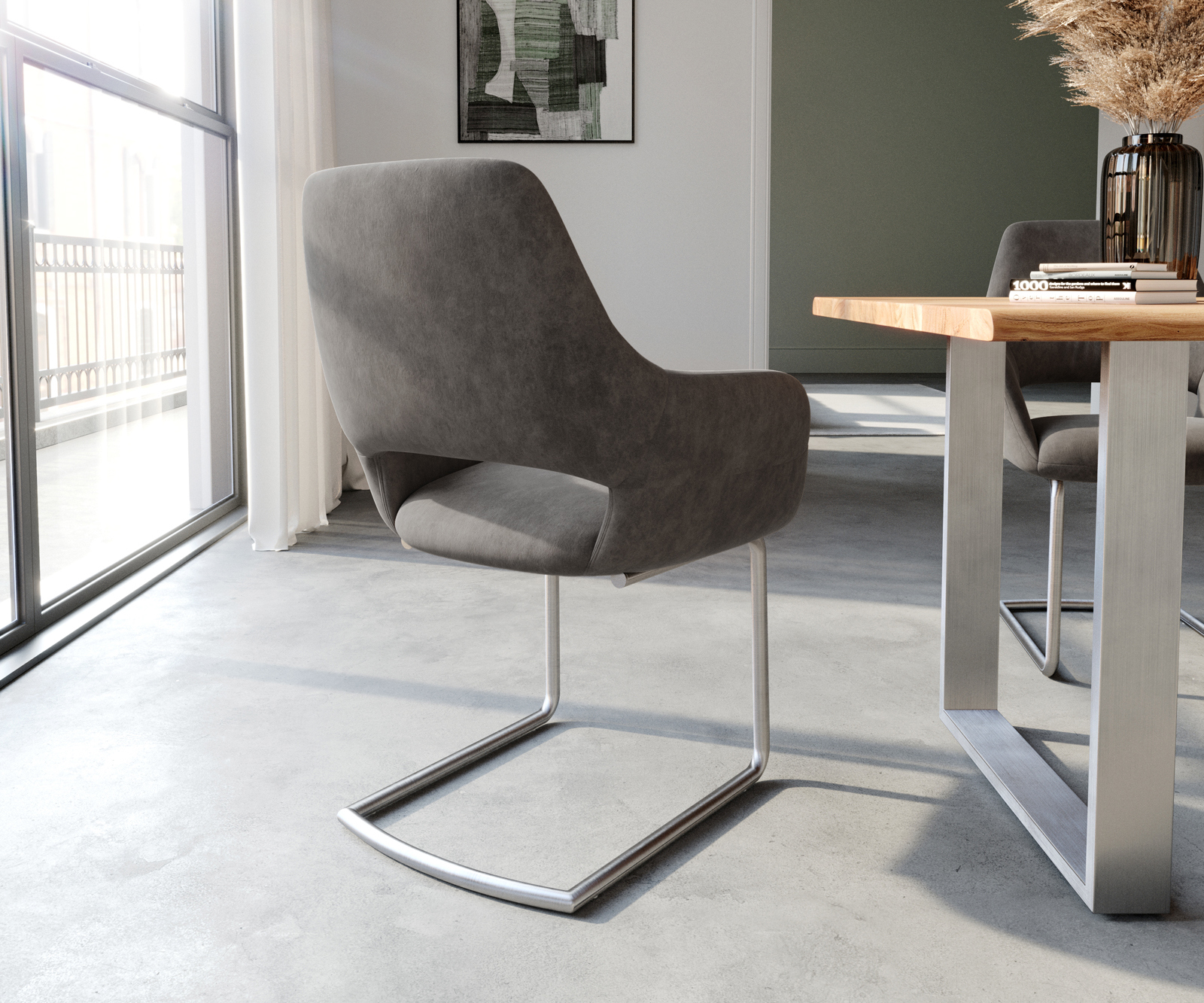 Étkezőszék Yago-Flex kárpitozott karfás mikroszálas antracit vintage étkezőszék kerek rozsdamentes acél zsákrugós - Image 5