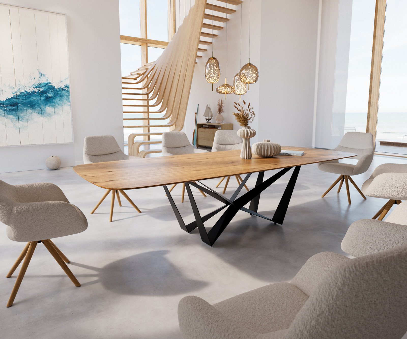 Étkezőasztal Edge hajóformájú 300x120x2,5-3 tölgy természetes pókláb laposacél fekete svájci él