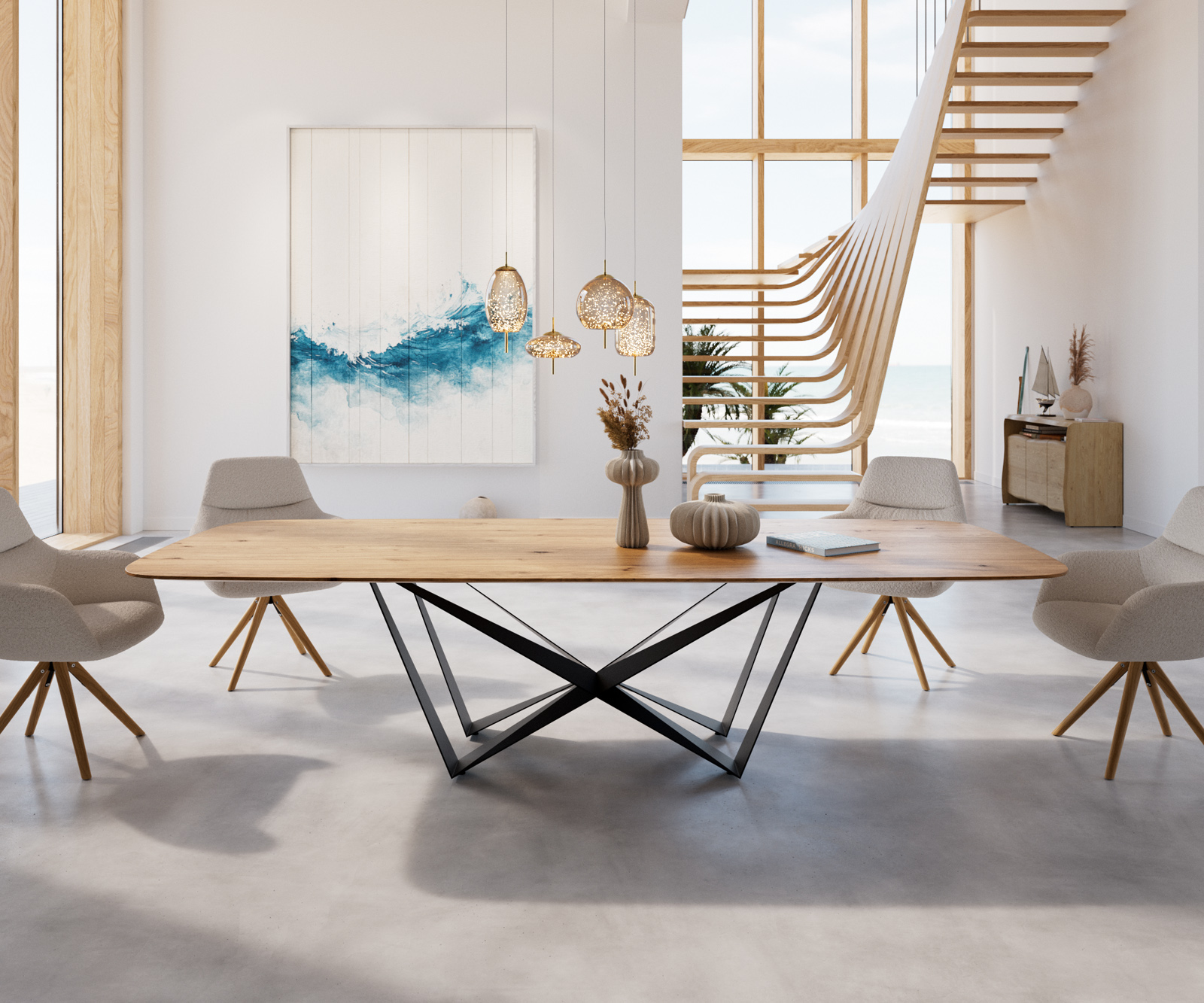 Étkezőasztal Edge hajóformájú 300x120x2,5-3 tölgy természetes pókláb laposacél fekete svájci él - Image 2