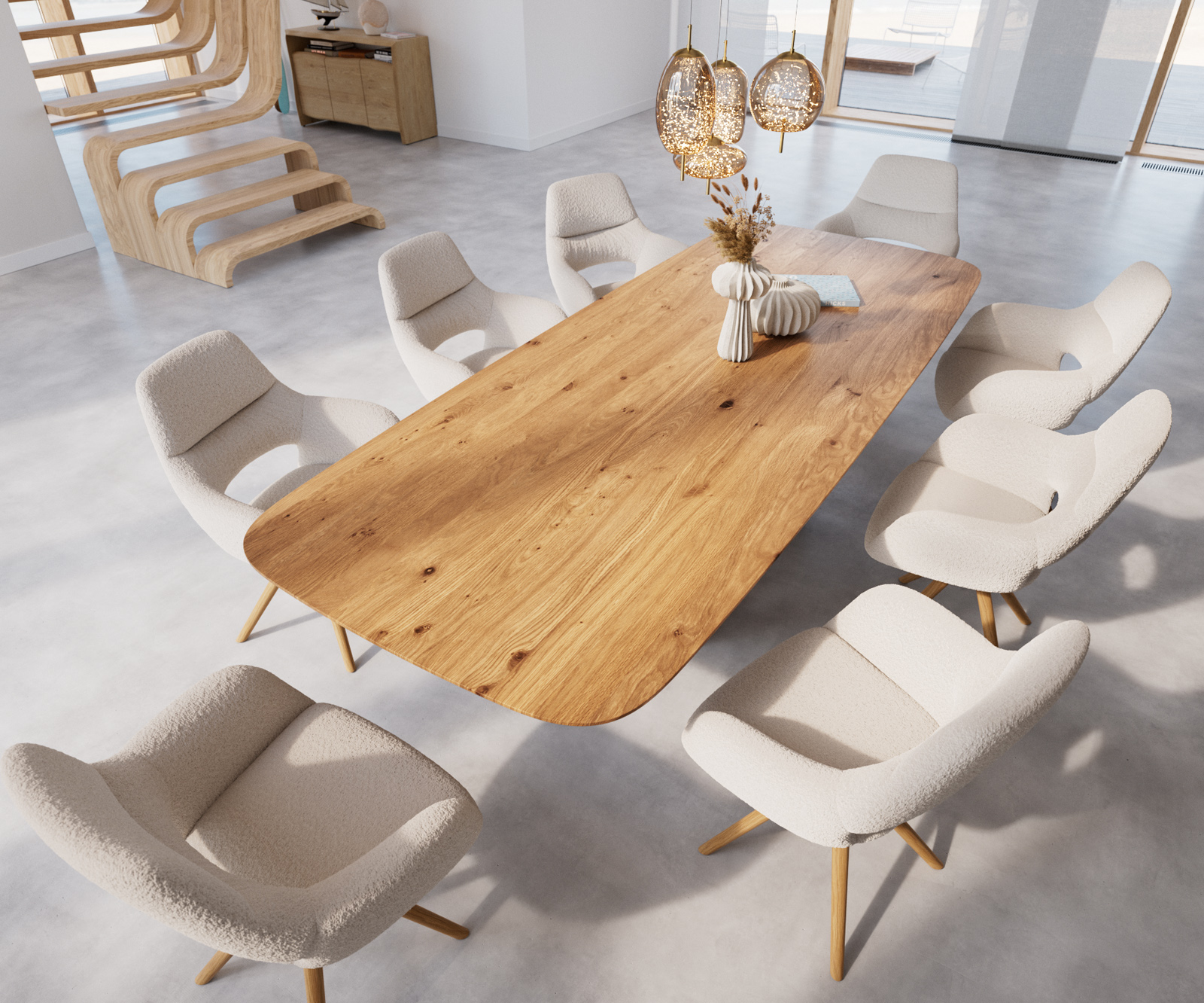 Étkezőasztal Edge hajóformájú 300x120x2,5-3 tölgy természetes pókláb laposacél fekete svájci él - Image 4