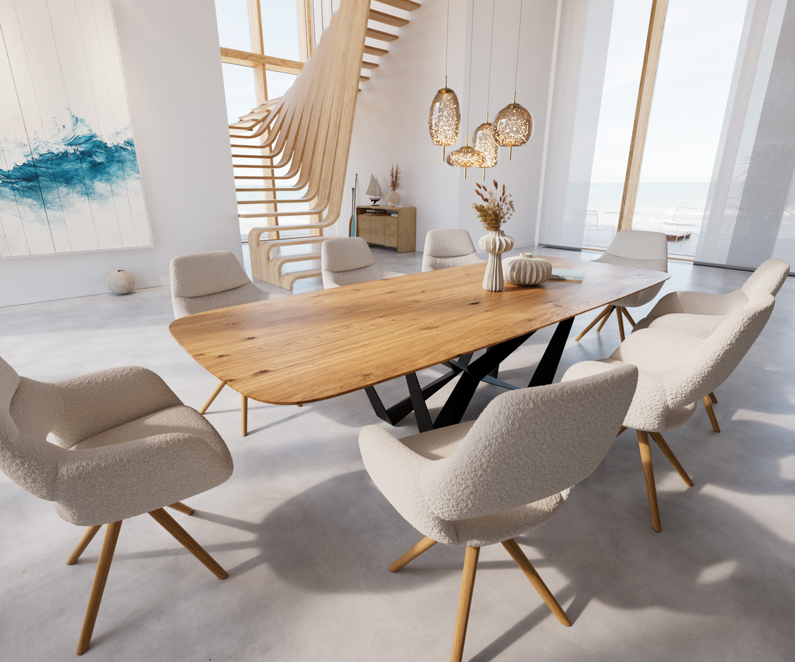 Étkezőasztal Edge hajóformájú 300x120x2,5-3 tölgy természetes pókláb laposacél fekete svájci él - Image 6