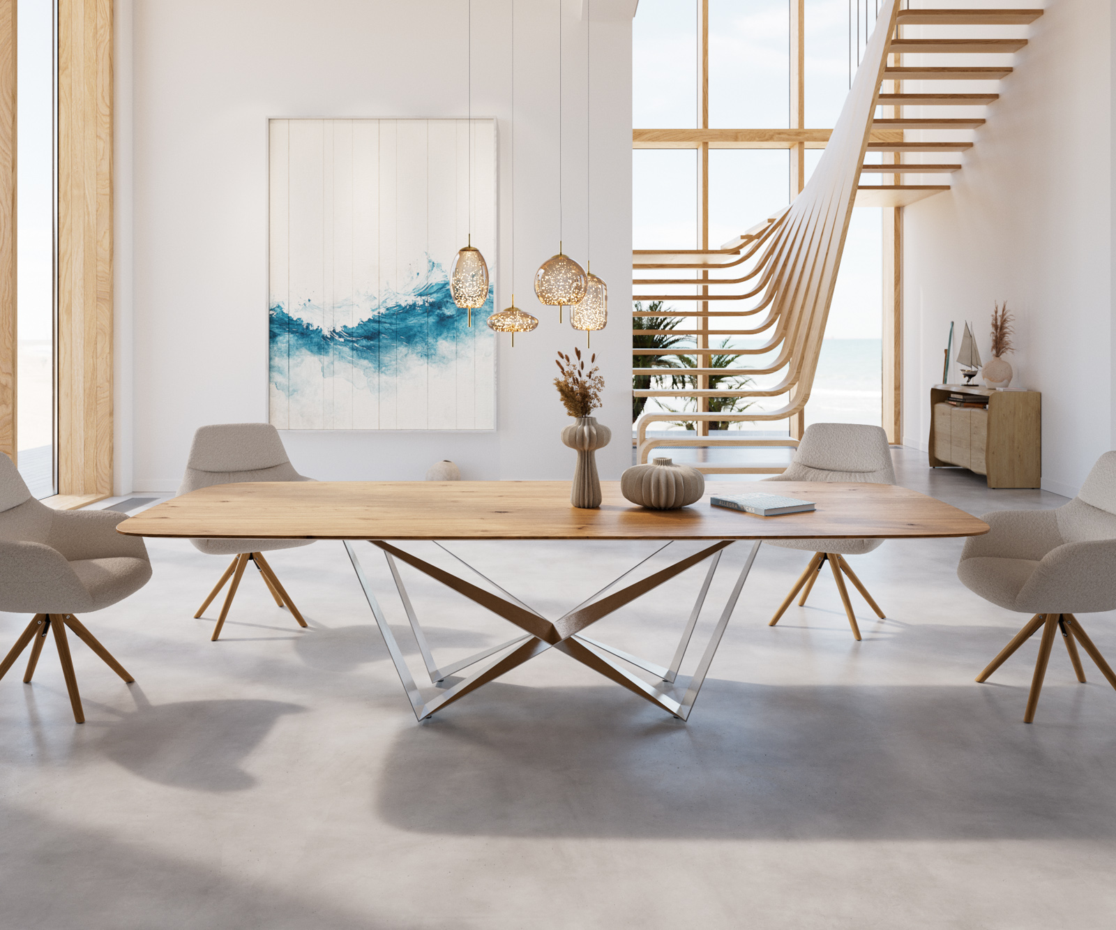 Étkezőasztal Edge hajóformájú 300x120x2,5-3 tölgy természetes pókláb laposacél rozsdamentes acél svájci él - Image 2