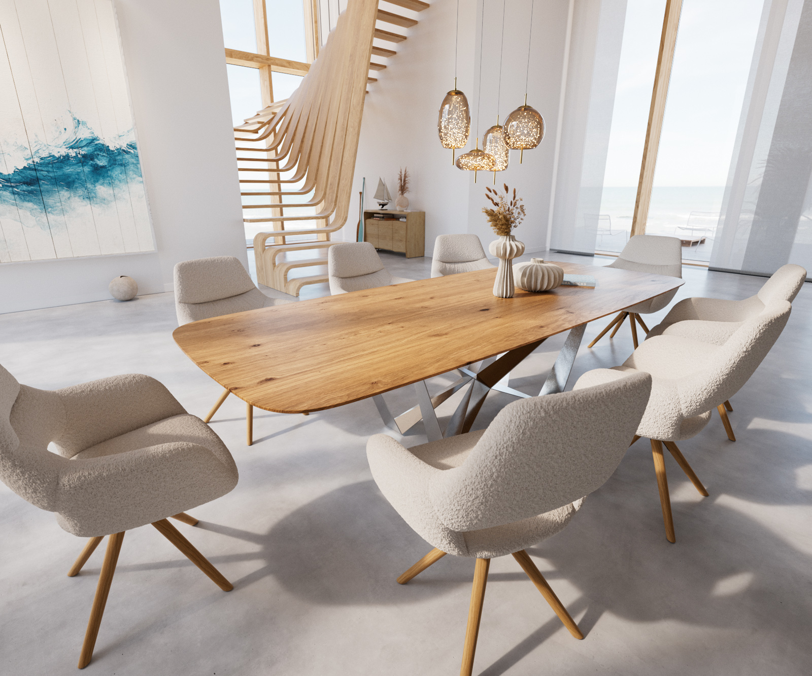 Étkezőasztal Edge hajóformájú 300x120x2,5-3 tölgy természetes pókláb laposacél rozsdamentes acél svájci él - Image 6