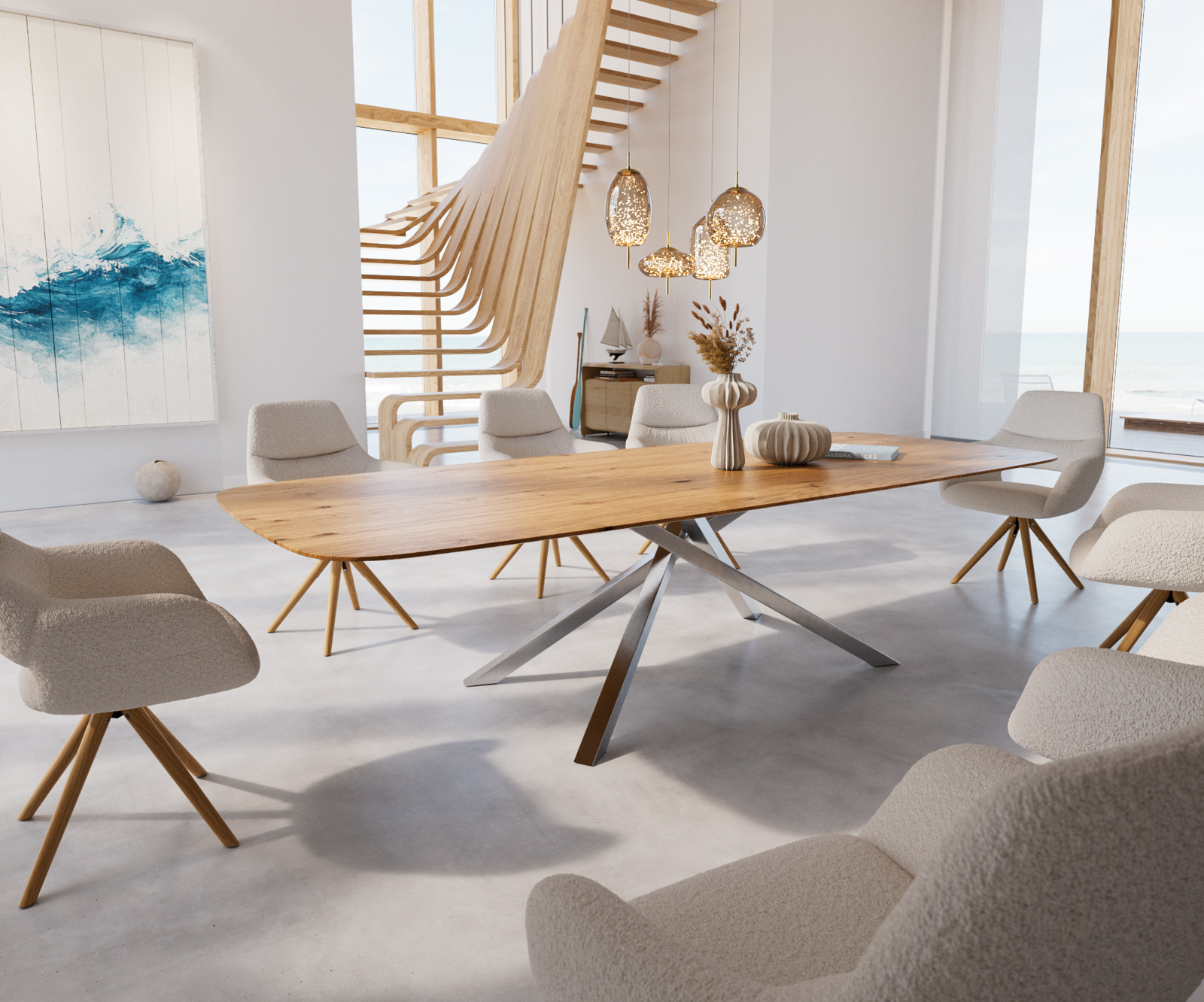 Étkezőasztal Edge hajóformájú 300x120x2,5-3 tölgy természetes kereszt láb téglalap rozsdamentes acél svájci él