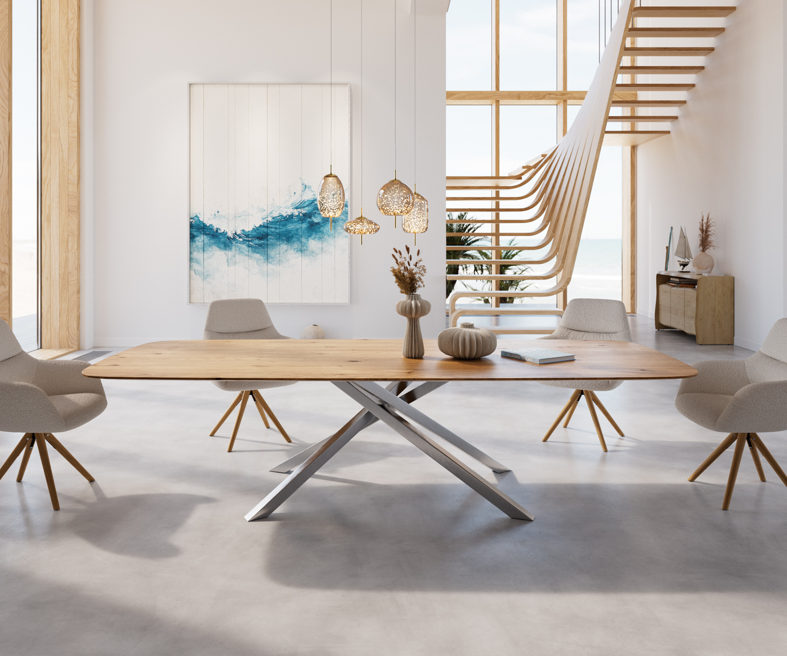 Étkezőasztal Edge hajóformájú 300x120x2,5-3 tölgy természetes kereszt láb téglalap rozsdamentes acél svájci él - Image 2