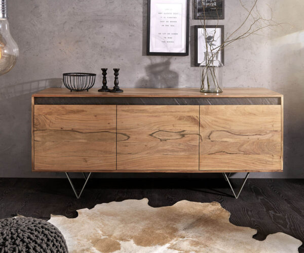 Design-komód Stonegrace 175 cm akác természetes pala 3 ajtós - Image 2
