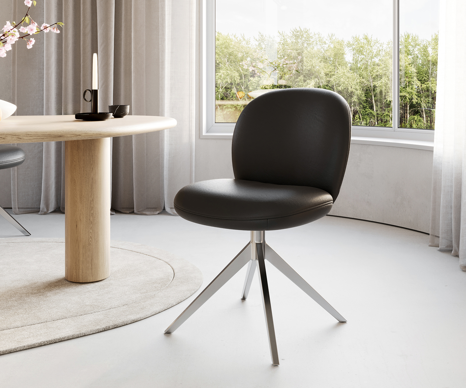 Étkezőszék Nube-Flex valódi bőr fekete széles rozsdamentes acél kereszt láb 360° forgatható zsákrugós matrac