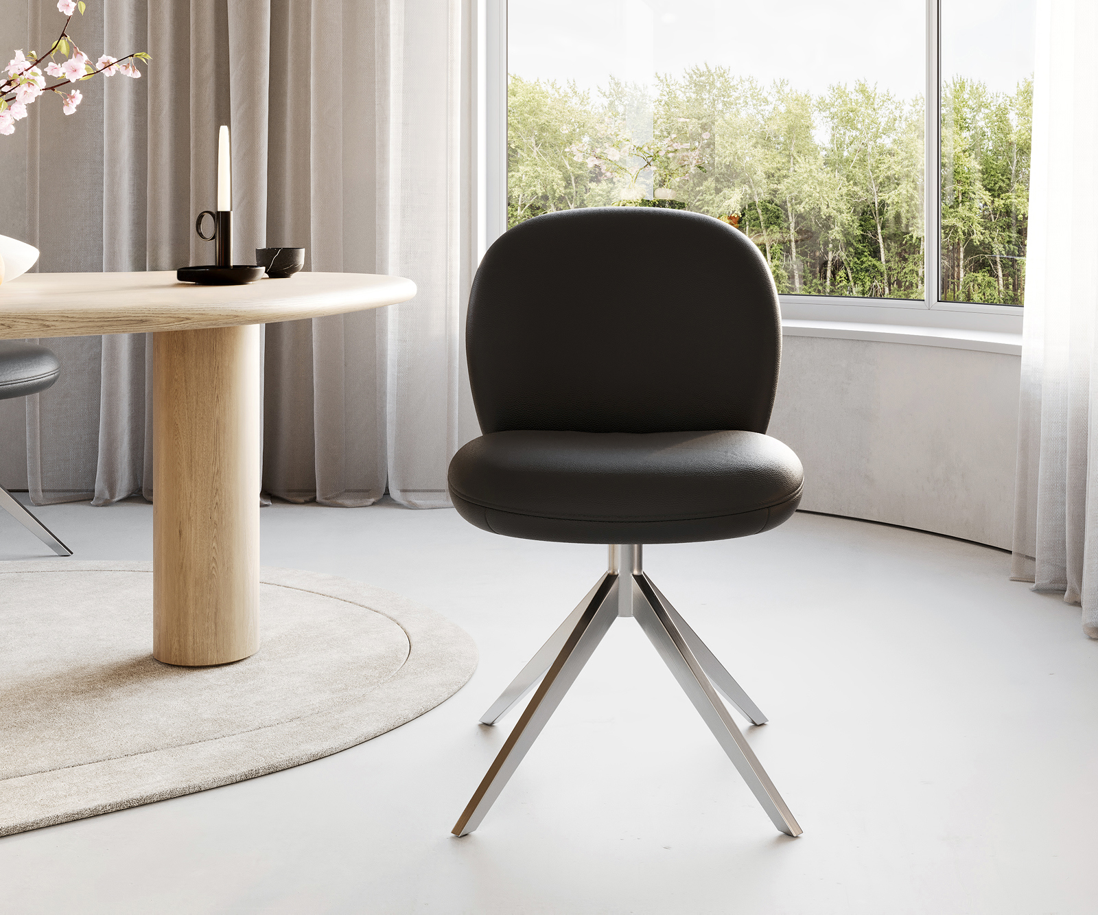 Étkezőszék Nube-Flex valódi bőr fekete széles rozsdamentes acél kereszt láb 360° forgatható zsákrugós matrac - Image 2