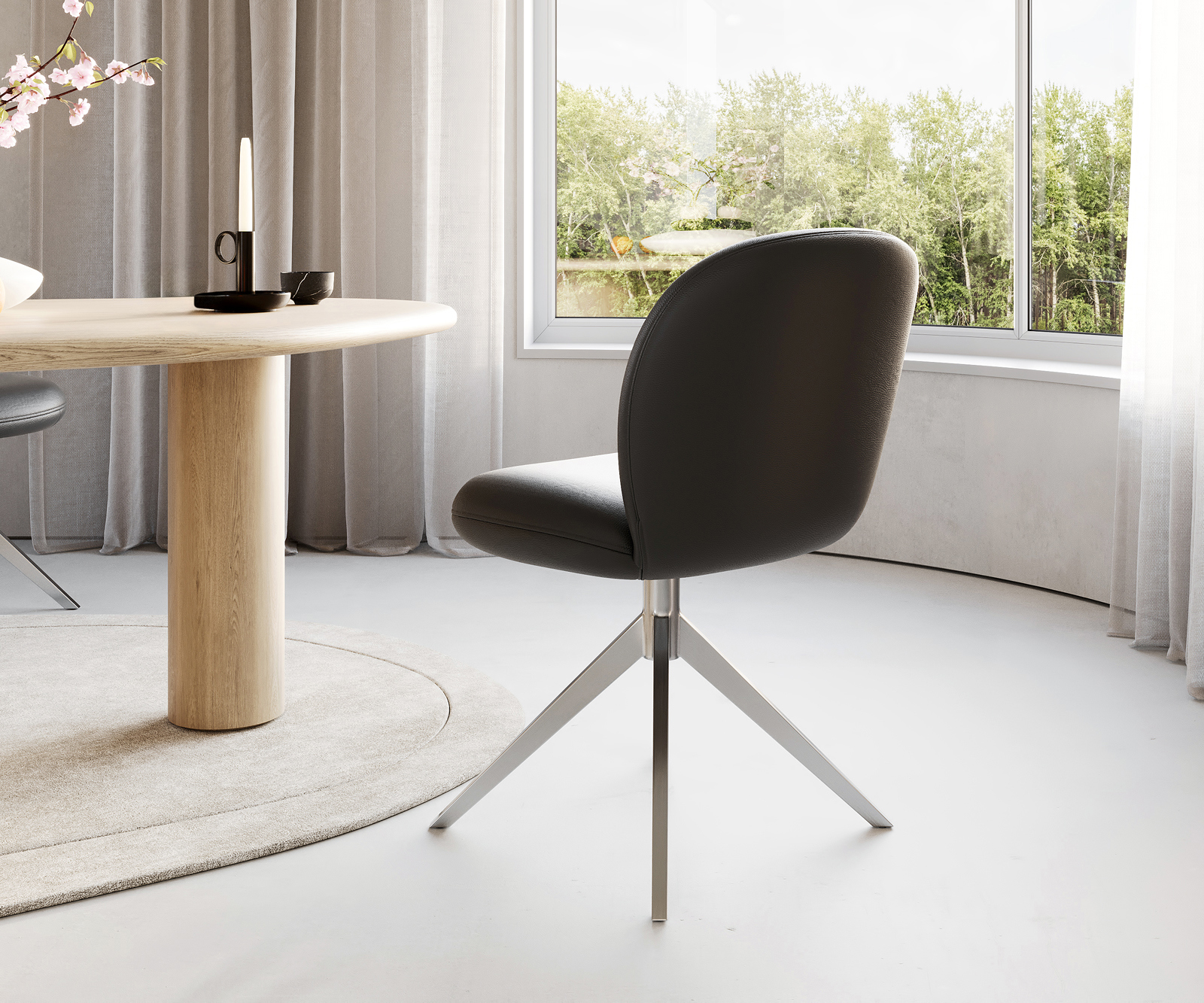 Étkezőszék Nube-Flex valódi bőr fekete széles rozsdamentes acél kereszt láb 360° forgatható zsákrugós matrac - Image 5