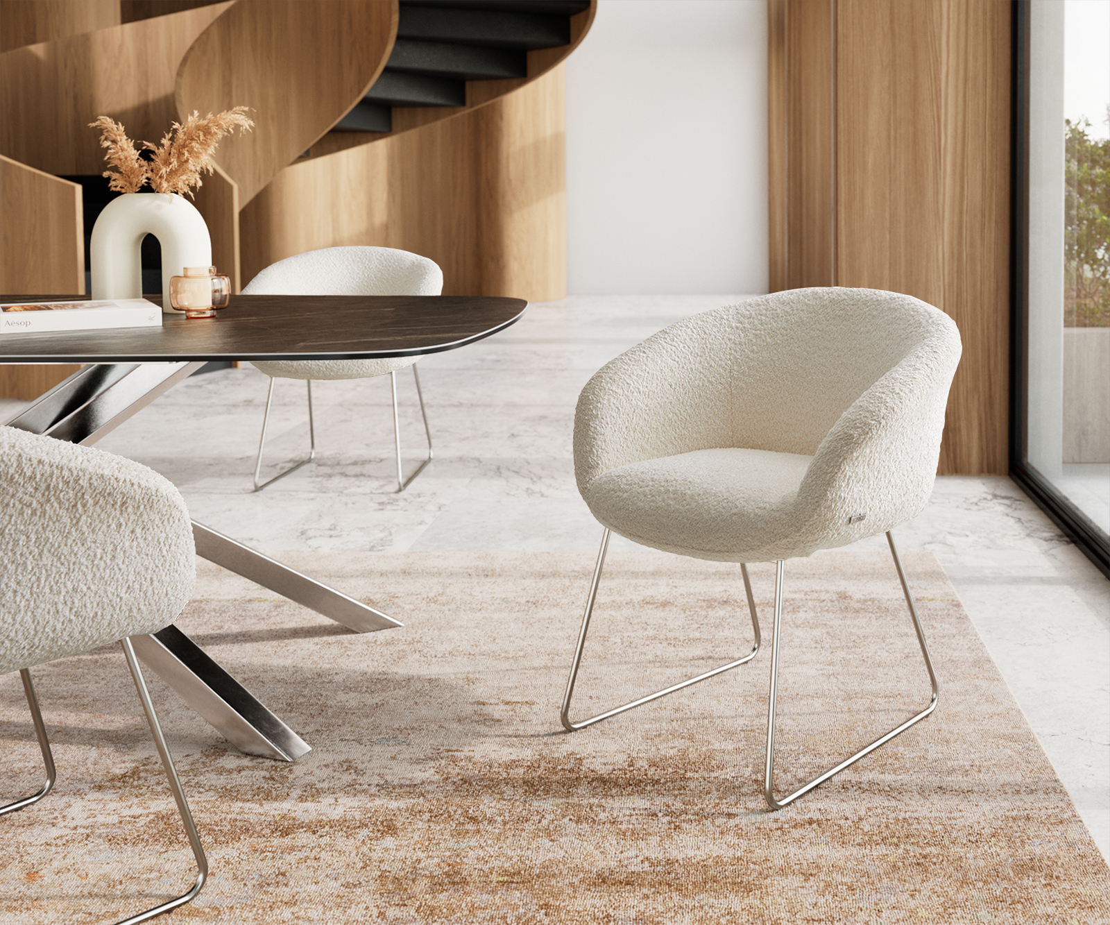 Étkezőszék Vinka-Flex karfás bouclé fehér vékony fém lábazat rozsdamentes acél zsákrugós