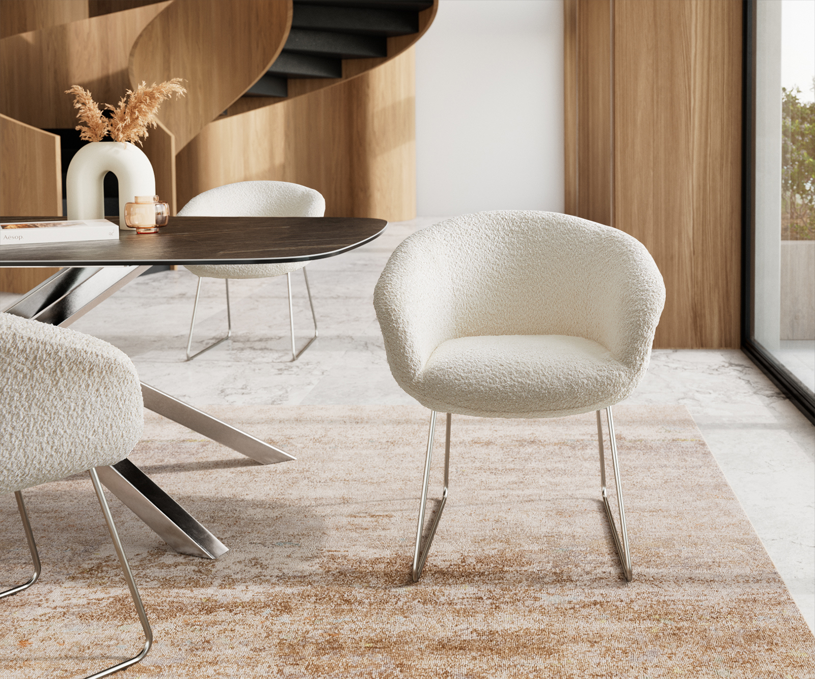 Étkezőszék Vinka-Flex karfás bouclé fehér vékony fém lábazat rozsdamentes acél zsákrugós - Image 2