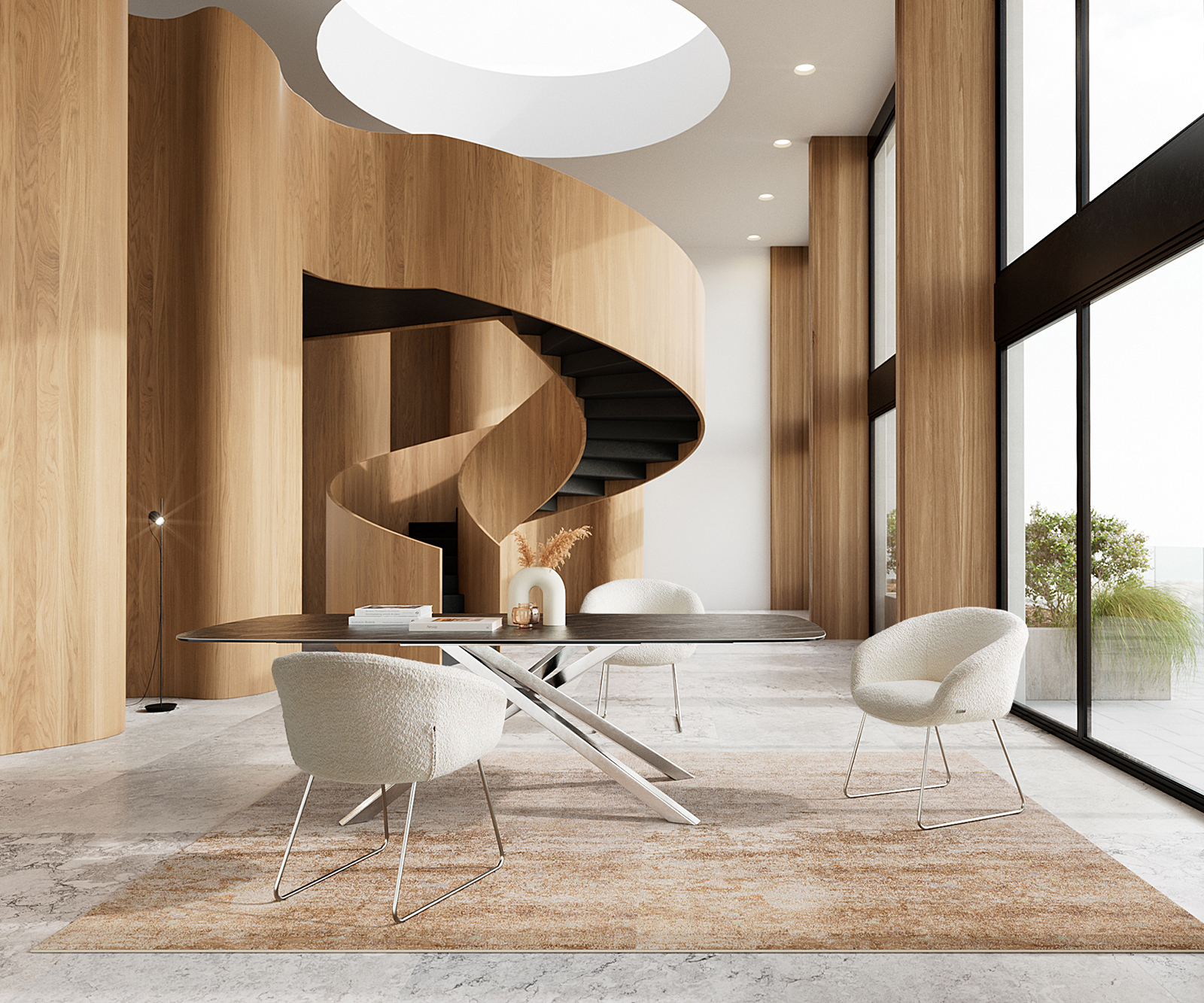 Étkezőszék Vinka-Flex karfás bouclé fehér vékony fém lábazat rozsdamentes acél zsákrugós - Image 4