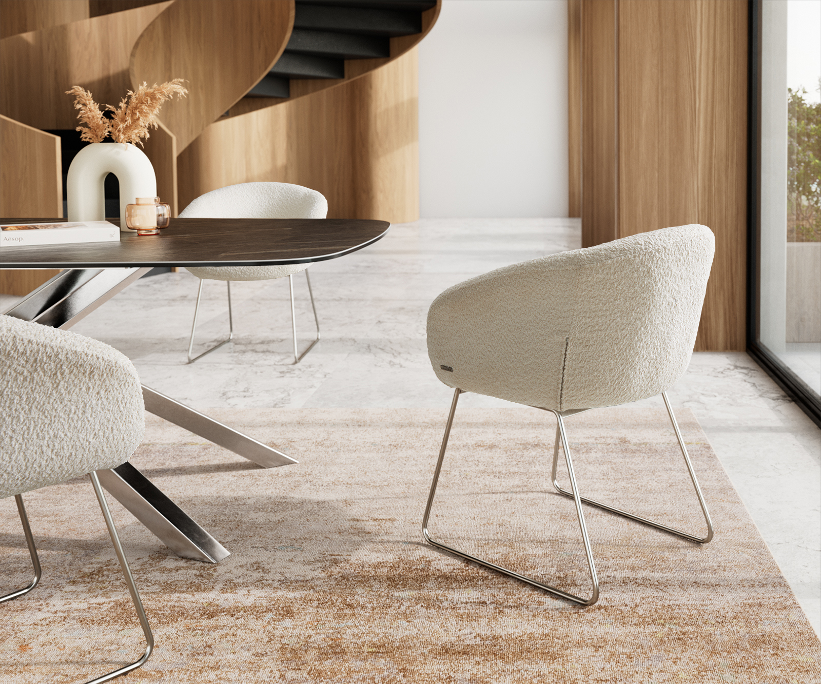 Étkezőszék Vinka-Flex karfás bouclé fehér vékony fém lábazat rozsdamentes acél zsákrugós - Image 5