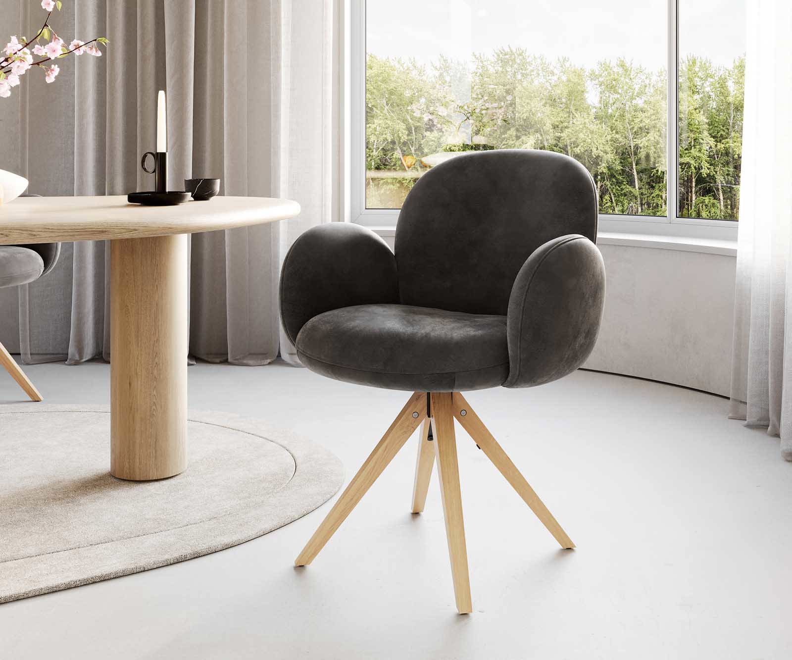 Étkezőszék Nube-Flex kényelmes karfás mikroszálas antracit vintage fa láb szögletes természetes 180° forgatható zsákrugós