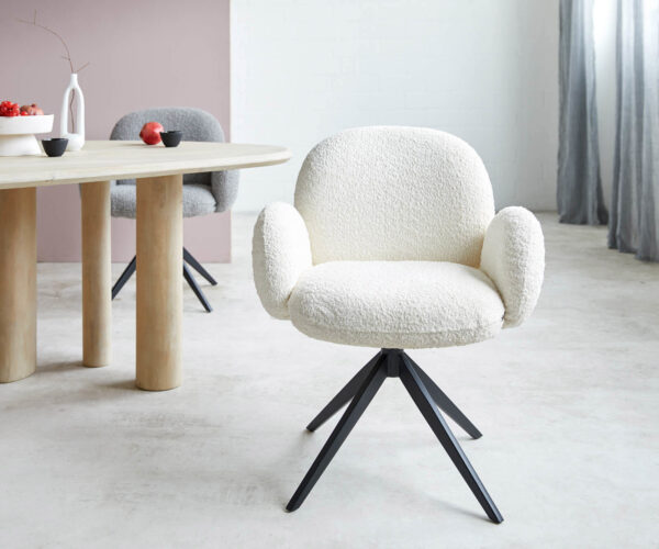 Étkezőszék Nube-Flex karfás bouclé fehér kereszt láb széles fekete 360° forgatható zsákrugós - Image 2