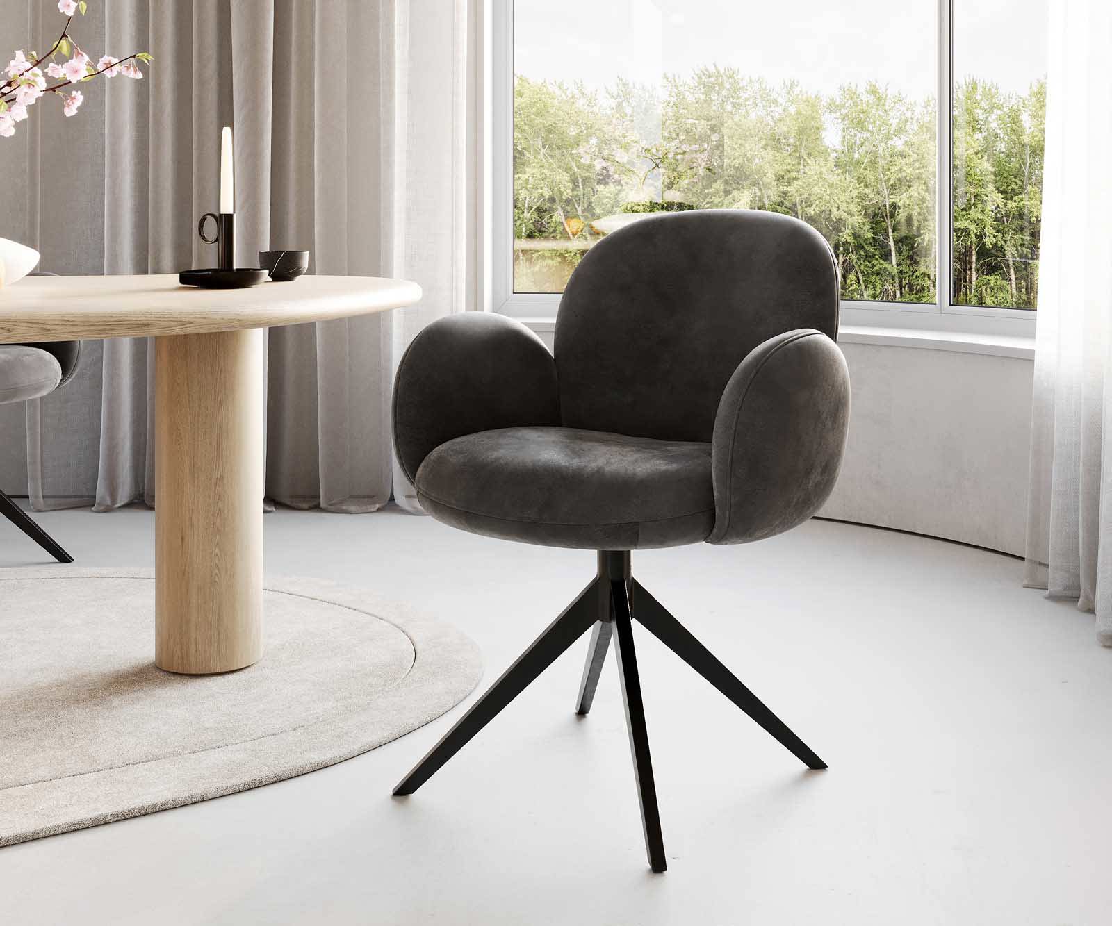 Étkezőszék Nube-Flex karfás mikroszálas antracit vintage kereszt láb széles fekete 360° forgatható zsákrugós