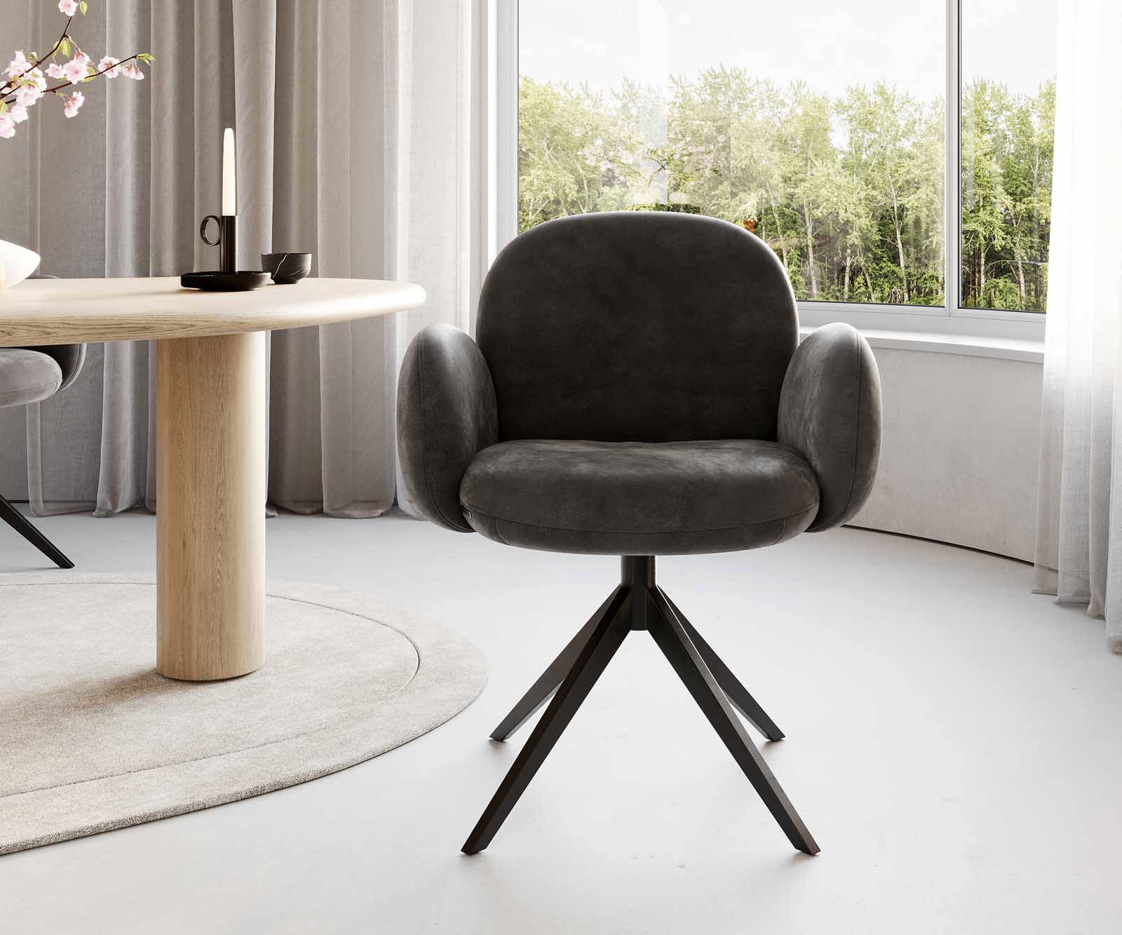 Étkezőszék Nube-Flex karfás mikroszálas antracit vintage kereszt láb széles fekete 360° forgatható zsákrugós - Image 2