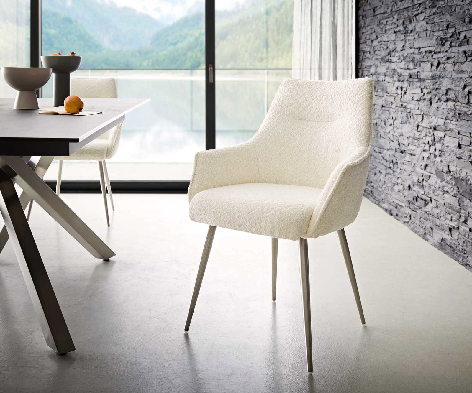 Étkezőszék Alja-Flex karfás bouclé fehér 4 lábas kúpos rozsdamentes acél zsákrugós