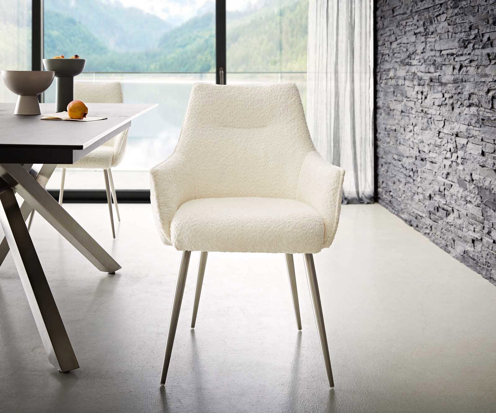 Étkezőszék Alja-Flex karfás bouclé fehér 4 lábas kúpos rozsdamentes acél zsákrugós - Image 2