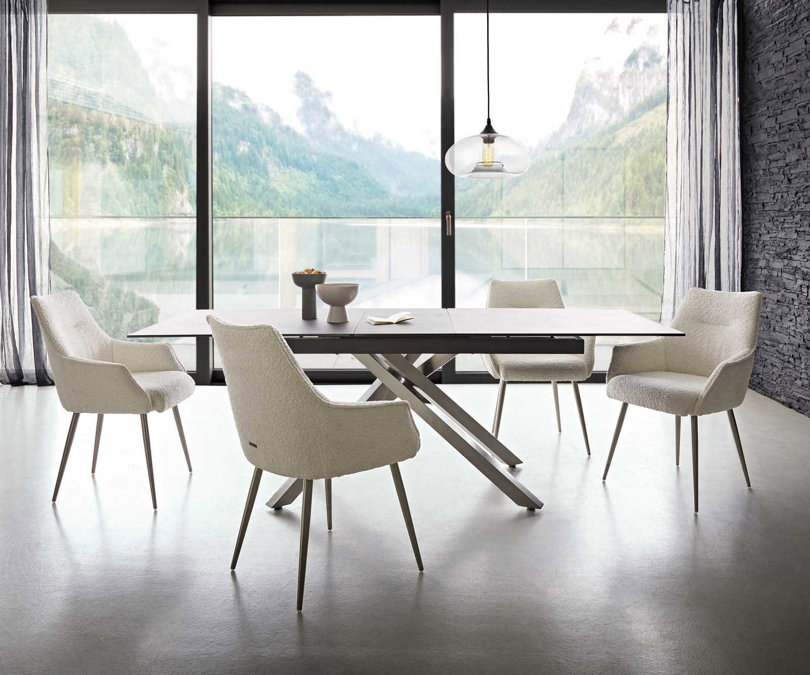 Étkezőszék Alja-Flex karfás bouclé fehér 4 lábas kúpos rozsdamentes acél zsákrugós - Image 4