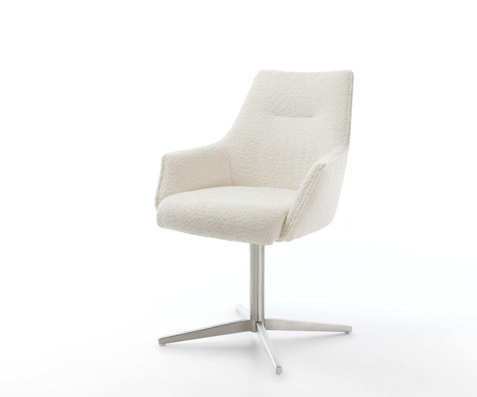 Étkezőszék Alja-Flex karfás bouclé fehér rozsdamentes acél láb 360° forgatható zsákrugós