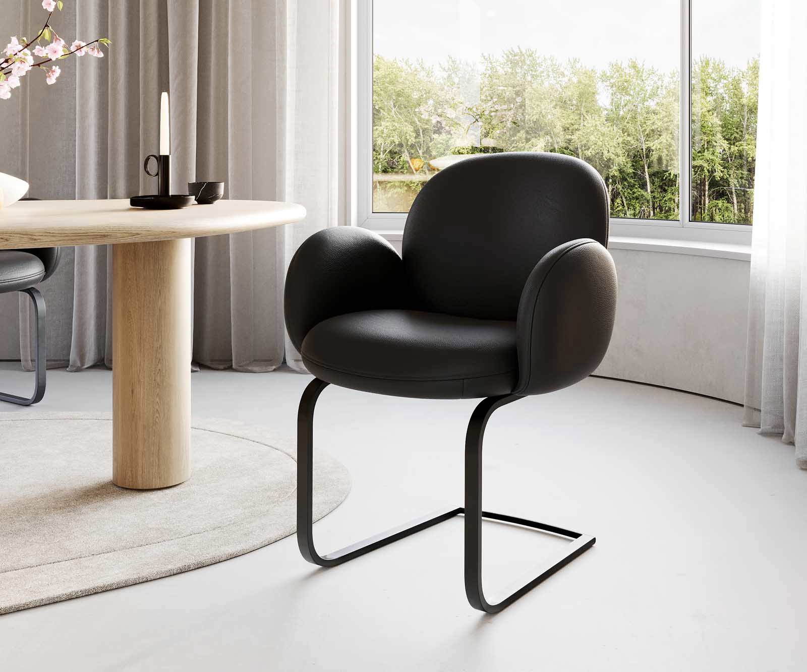 Étkezőszék Nube-Flex karfás valódi bőr fekete lapos étkezőszék fekete zsákrugós