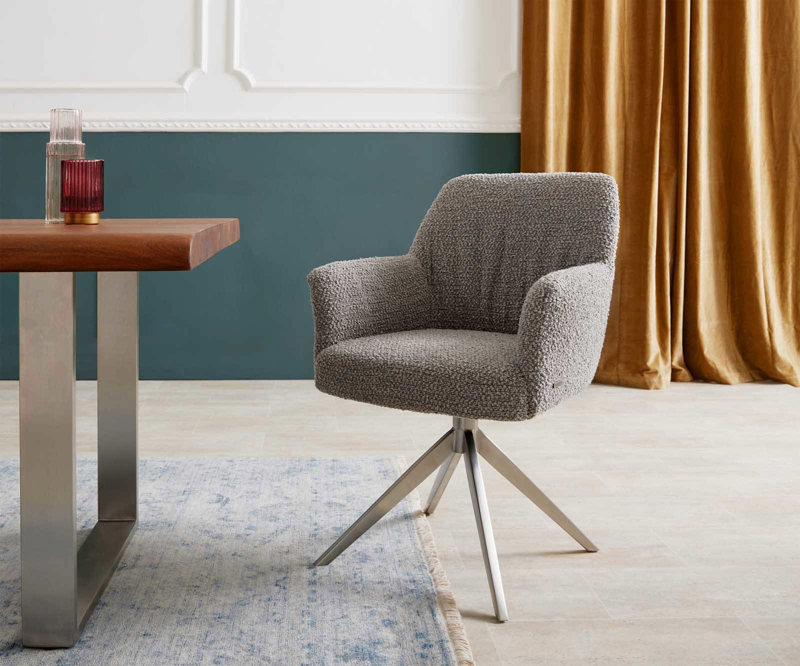 Étkezőszék Xana-Flex karfás bouclé ezüstszürke kereszt láb széles rozsdamentes acél 360° forgatható zsákrugós