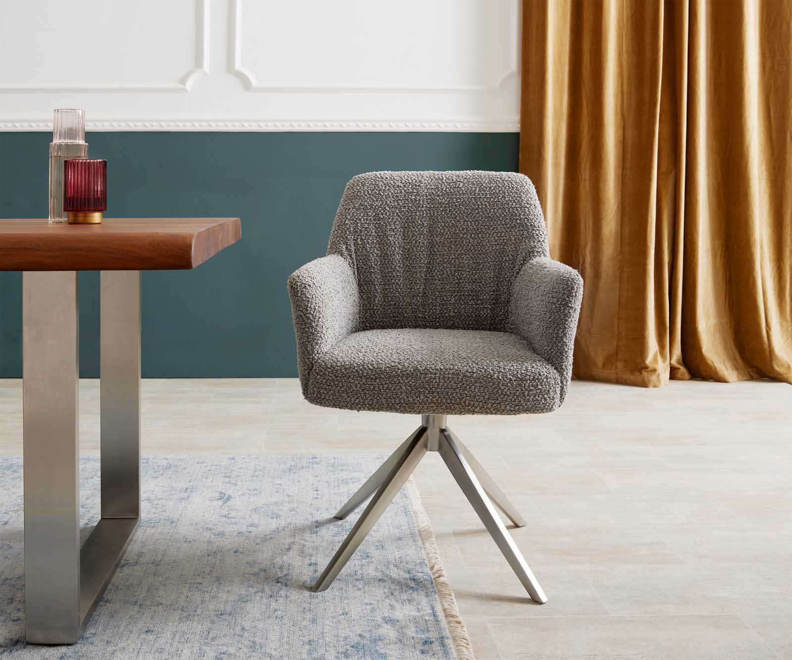 Étkezőszék Xana-Flex karfás bouclé ezüstszürke kereszt láb széles rozsdamentes acél 360° forgatható zsákrugós - Image 2