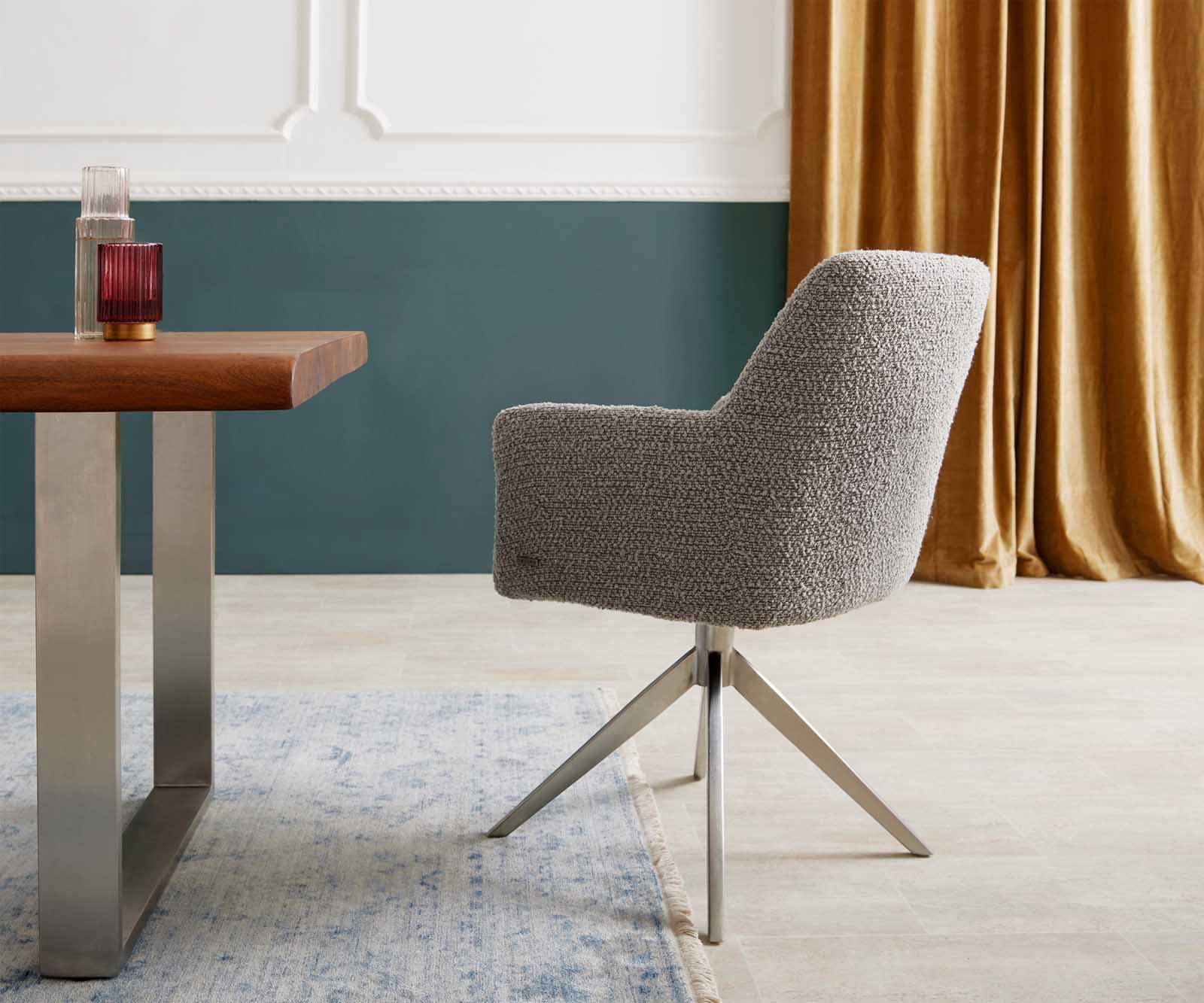 Étkezőszék Xana-Flex karfás bouclé ezüstszürke kereszt láb széles rozsdamentes acél 360° forgatható zsákrugós - Image 5