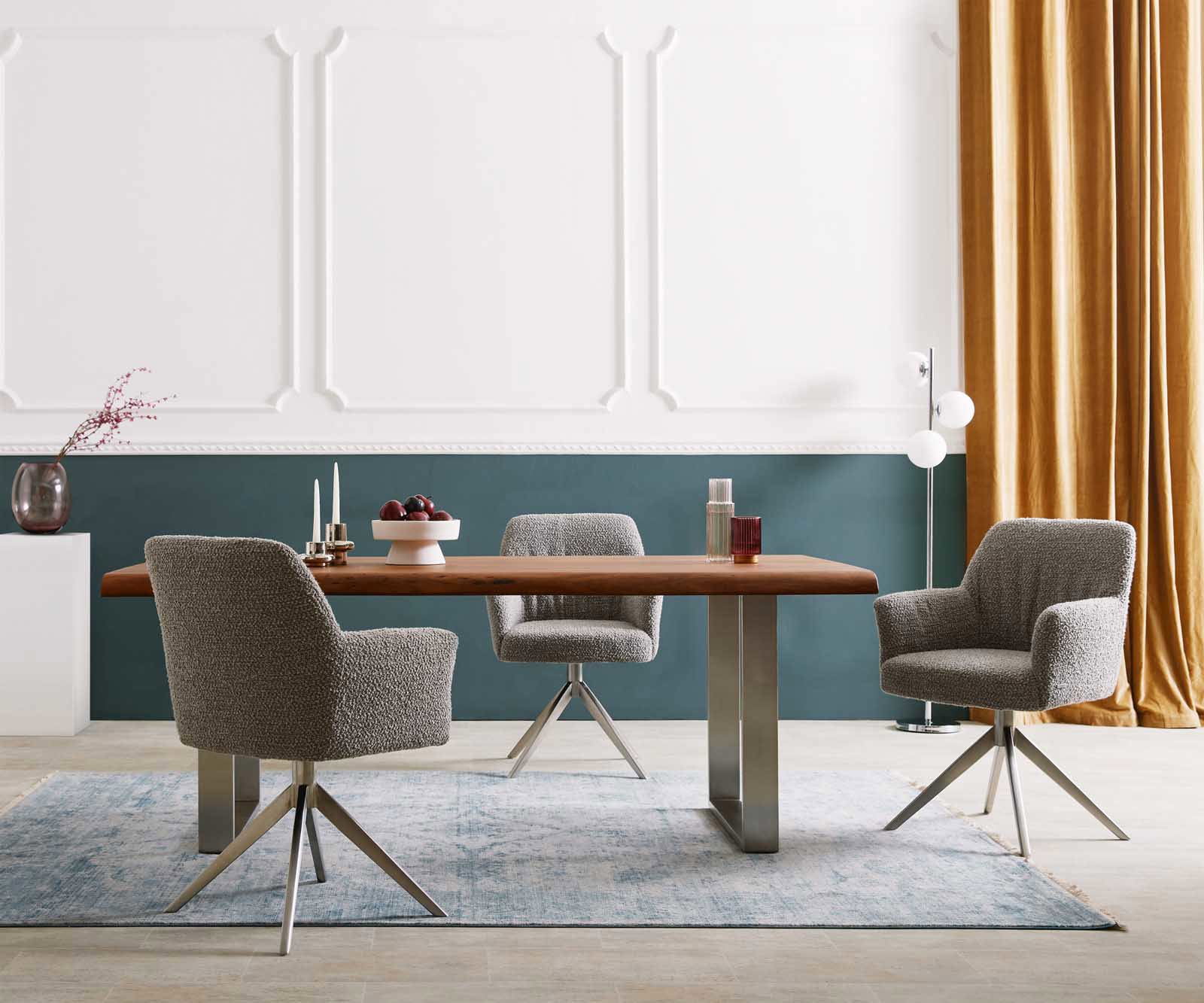 Étkezőszék Xana-Flex karfás bouclé ezüstszürke kereszt láb széles rozsdamentes acél 360° forgatható zsákrugós - Image 6