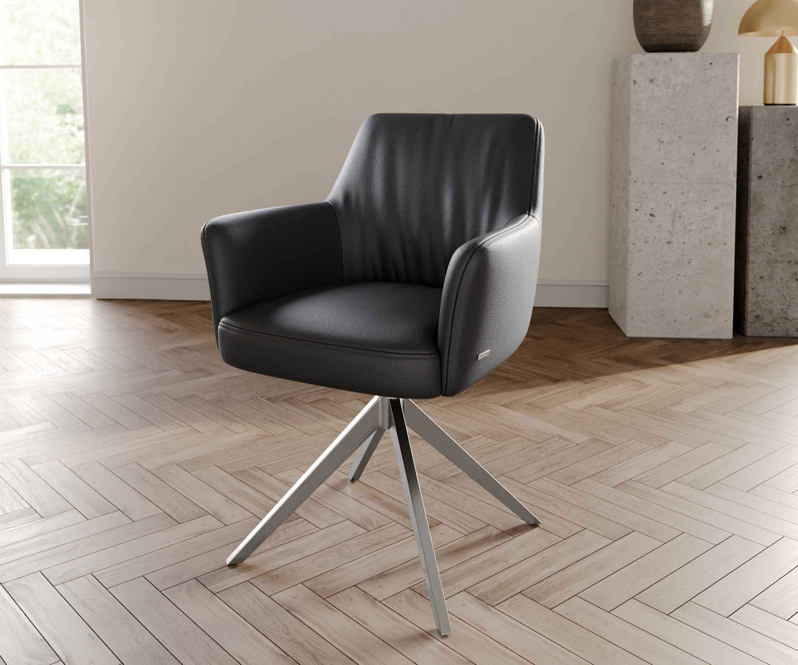 Étkezőszék Xana-Flex karfás valódi bőr fekete széles rozsdamentes acél kereszt láb 360° forgatható zsákrugós