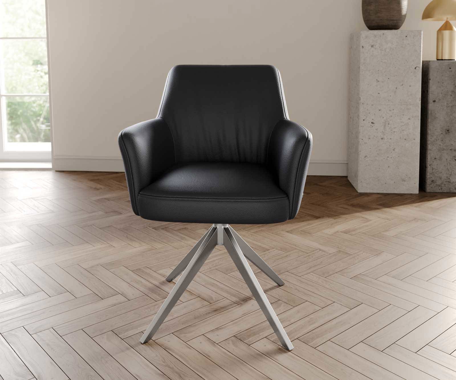 Étkezőszék Xana-Flex karfás valódi bőr fekete széles rozsdamentes acél kereszt láb 360° forgatható zsákrugós - Image 2