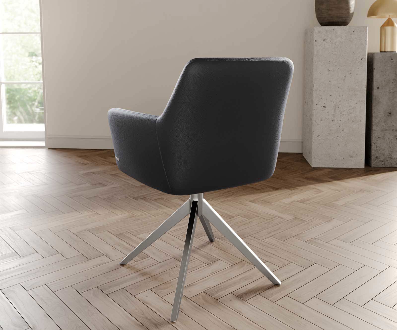 Étkezőszék Xana-Flex karfás valódi bőr fekete széles rozsdamentes acél kereszt láb 360° forgatható zsákrugós - Image 4