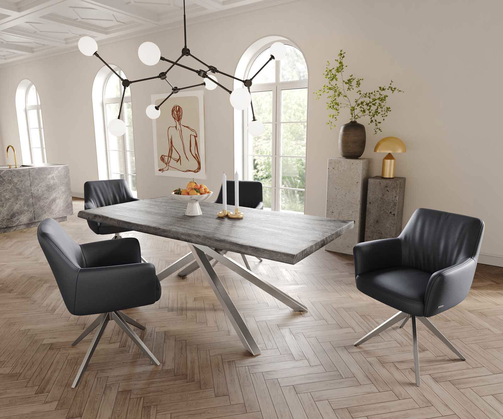 Étkezőszék Xana-Flex karfás valódi bőr fekete széles rozsdamentes acél kereszt láb 360° forgatható zsákrugós - Image 5