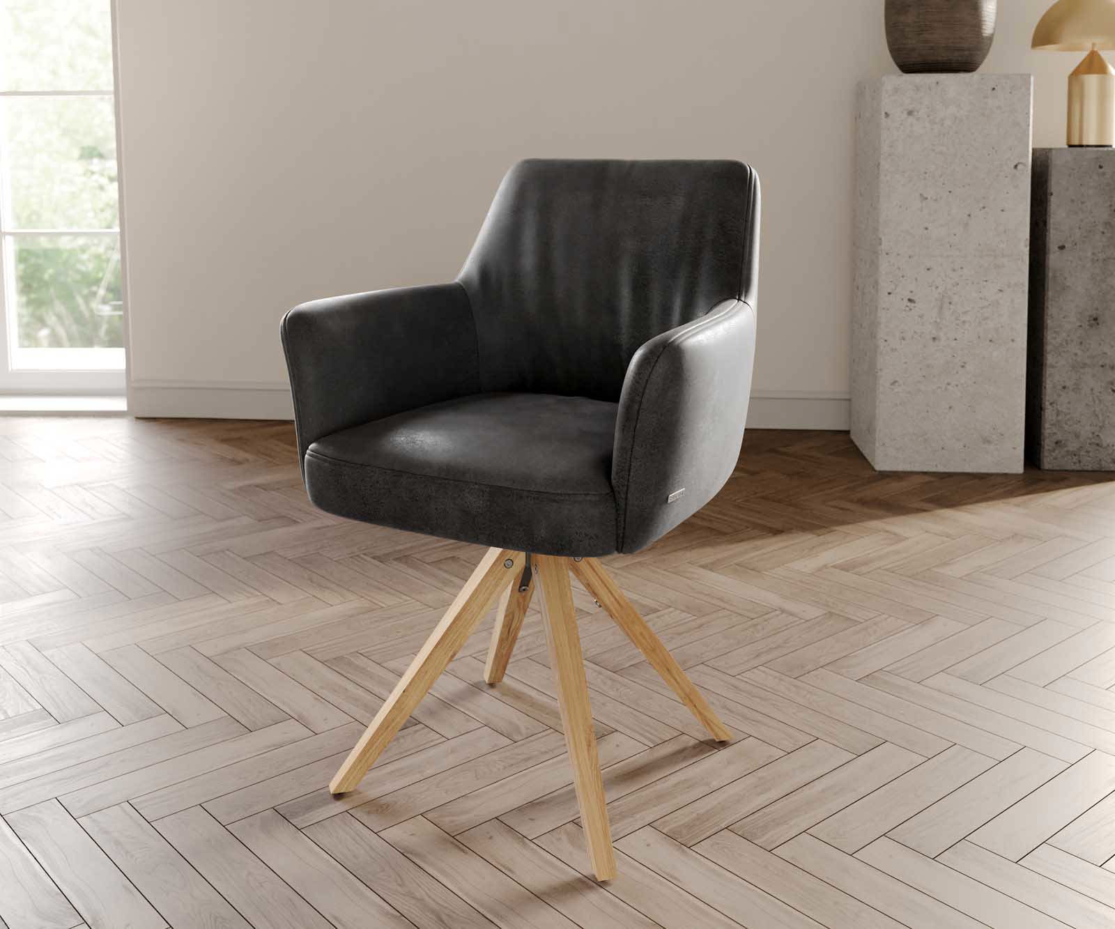 Étkezőszék Xana-Flex karfás mikroszálas antracit vintage fa láb szögletes természetes 180° forgatható zsákrugós