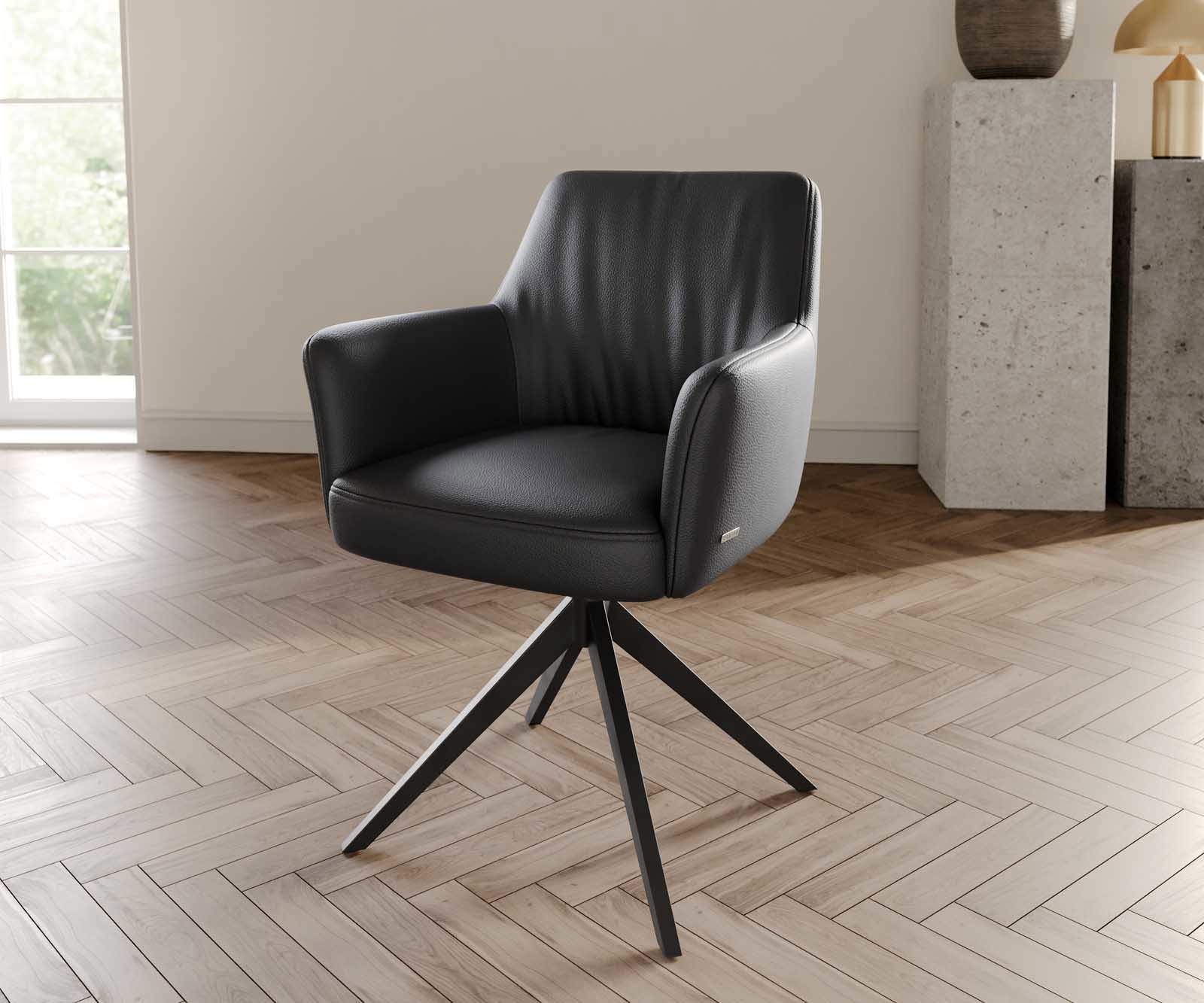 Étkezőszék Xana-Flex karfás valódi bőr fekete kereszt láb széles fekete 360° forgatható zsákrugós