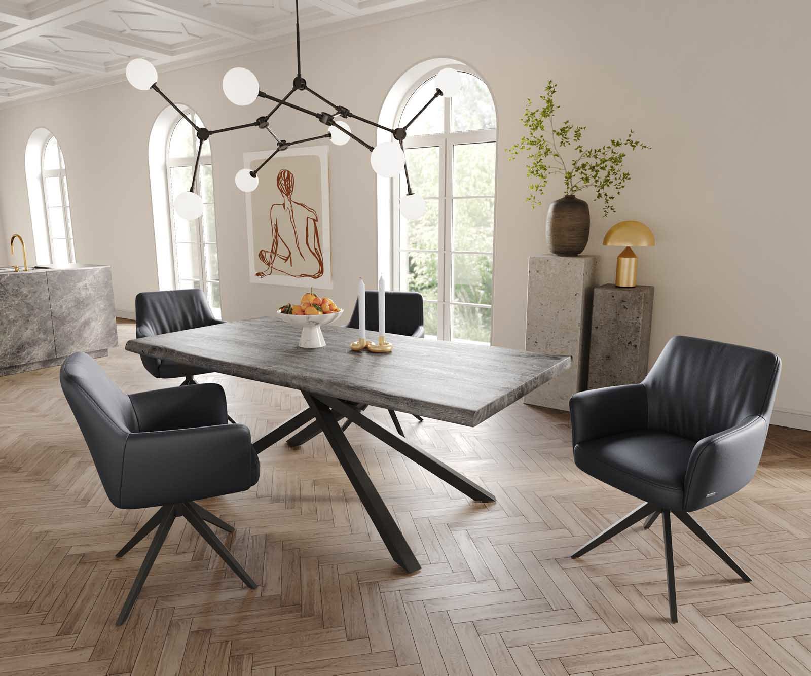 Étkezőszék Xana-Flex karfás valódi bőr fekete kereszt láb széles fekete 360° forgatható zsákrugós - Image 5