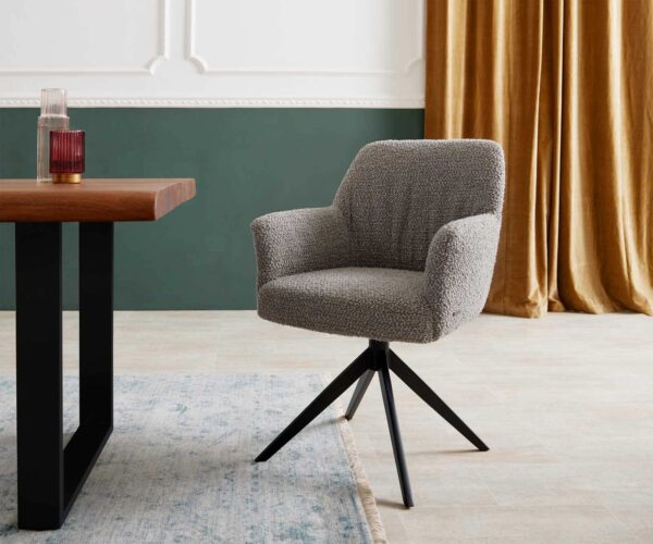 Étkezőszék Xana-Flex karfás bouclé ezüstszürke kereszt láb széles fekete 360° forgatható zsákrugós