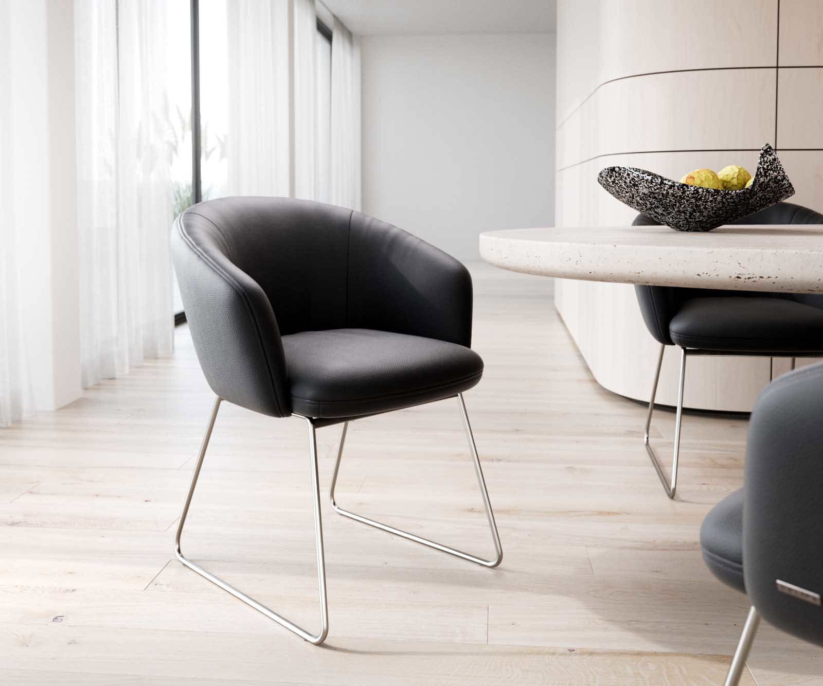 Étkezőszék Caja-Flex karfás valódi bőr fekete vékony fém lábazat rozsdamentes acél zsákrugós