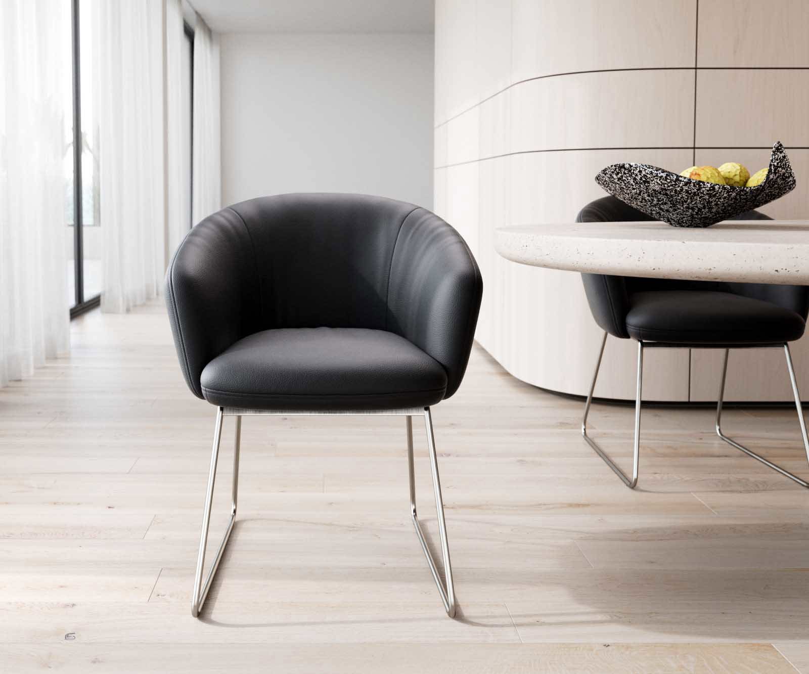 Étkezőszék Caja-Flex karfás valódi bőr fekete vékony fém lábazat rozsdamentes acél zsákrugós - Image 2