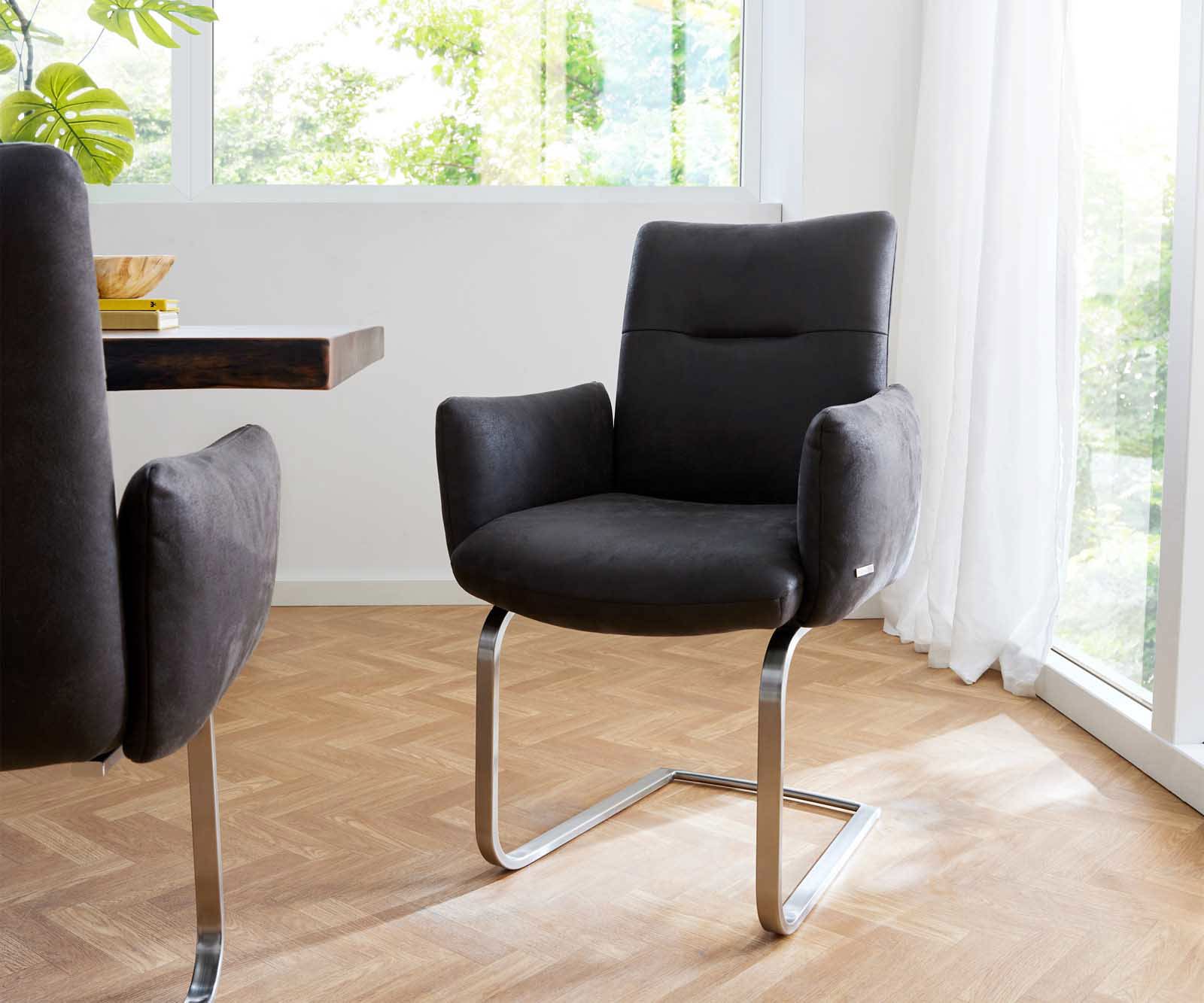 Étkezőszék Jova-Flex kényelmes karfás mikroszálas antracit vintage étkezőszék lapos rozsdamentes acél zsákrugós