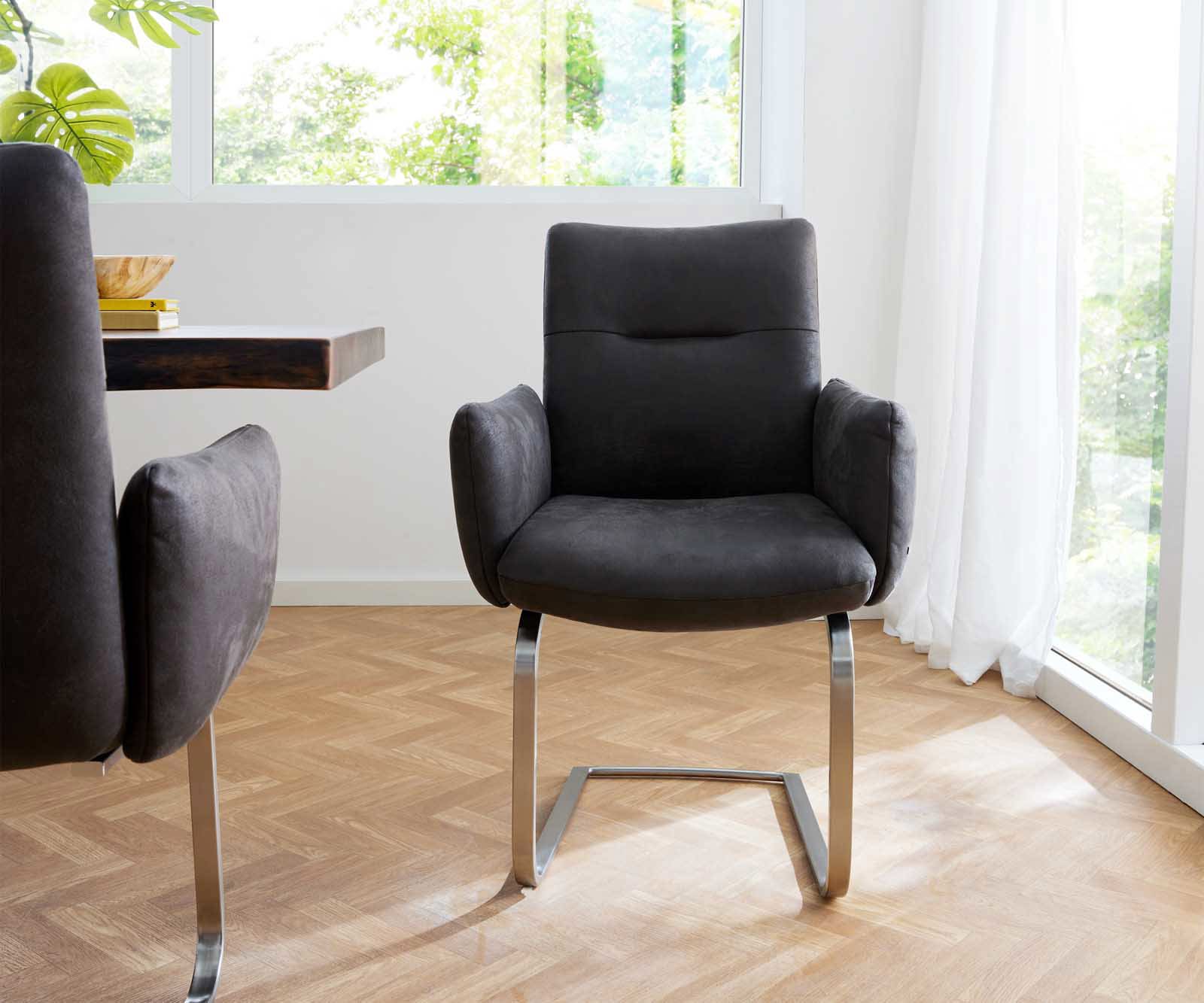 Étkezőszék Jova-Flex kényelmes karfás mikroszálas antracit vintage étkezőszék lapos rozsdamentes acél zsákrugós - Image 2