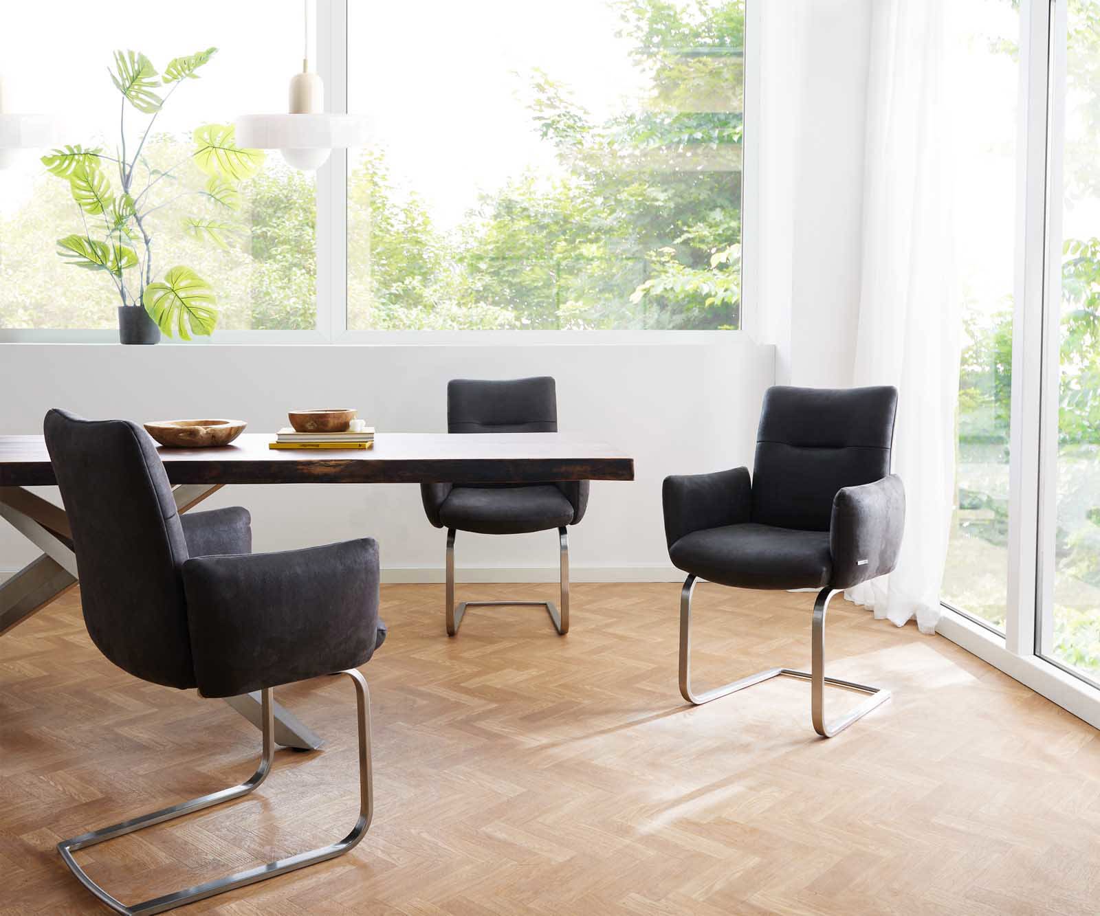 Étkezőszék Jova-Flex kényelmes karfás mikroszálas antracit vintage étkezőszék lapos rozsdamentes acél zsákrugós - Image 6