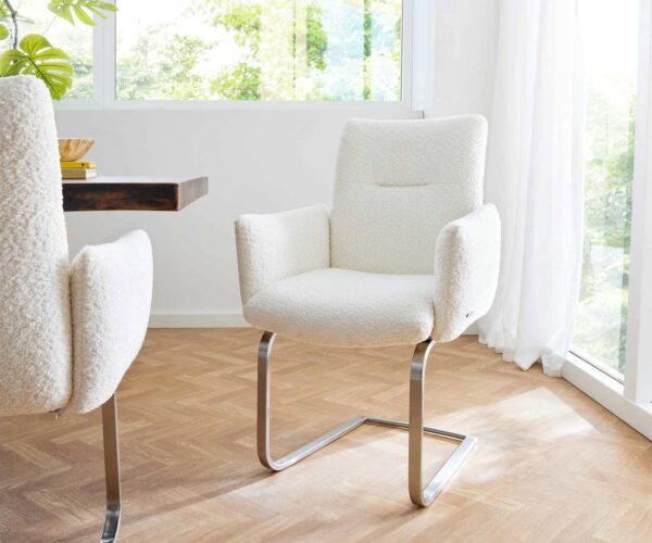 Étkezőszék Jova-Flex karfás bouclé fehér étkezőszék kerek rozsdamentes acél zsákrugós