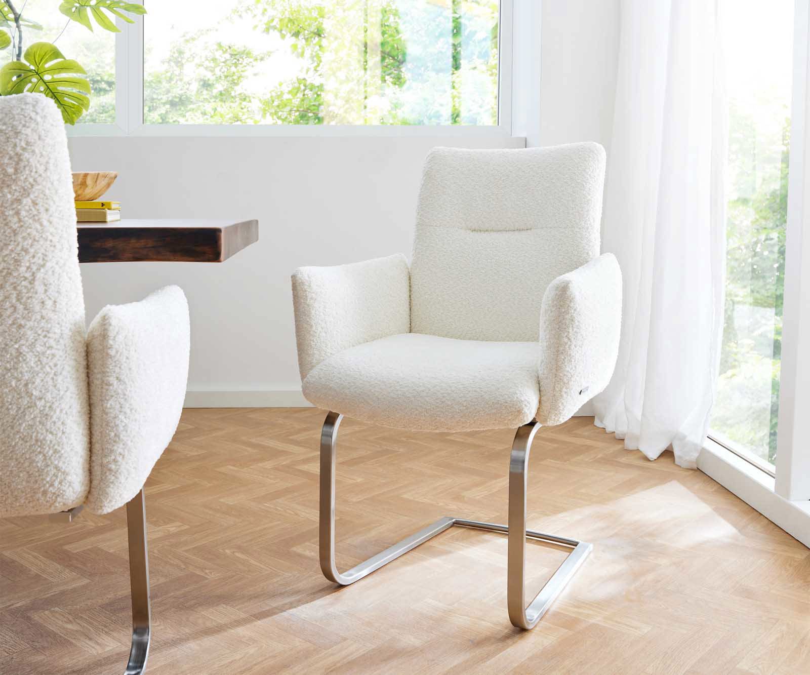 Étkezőszék Jova-Flex karfás bouclé fehér étkezőszék kerek rozsdamentes acél zsákrugós