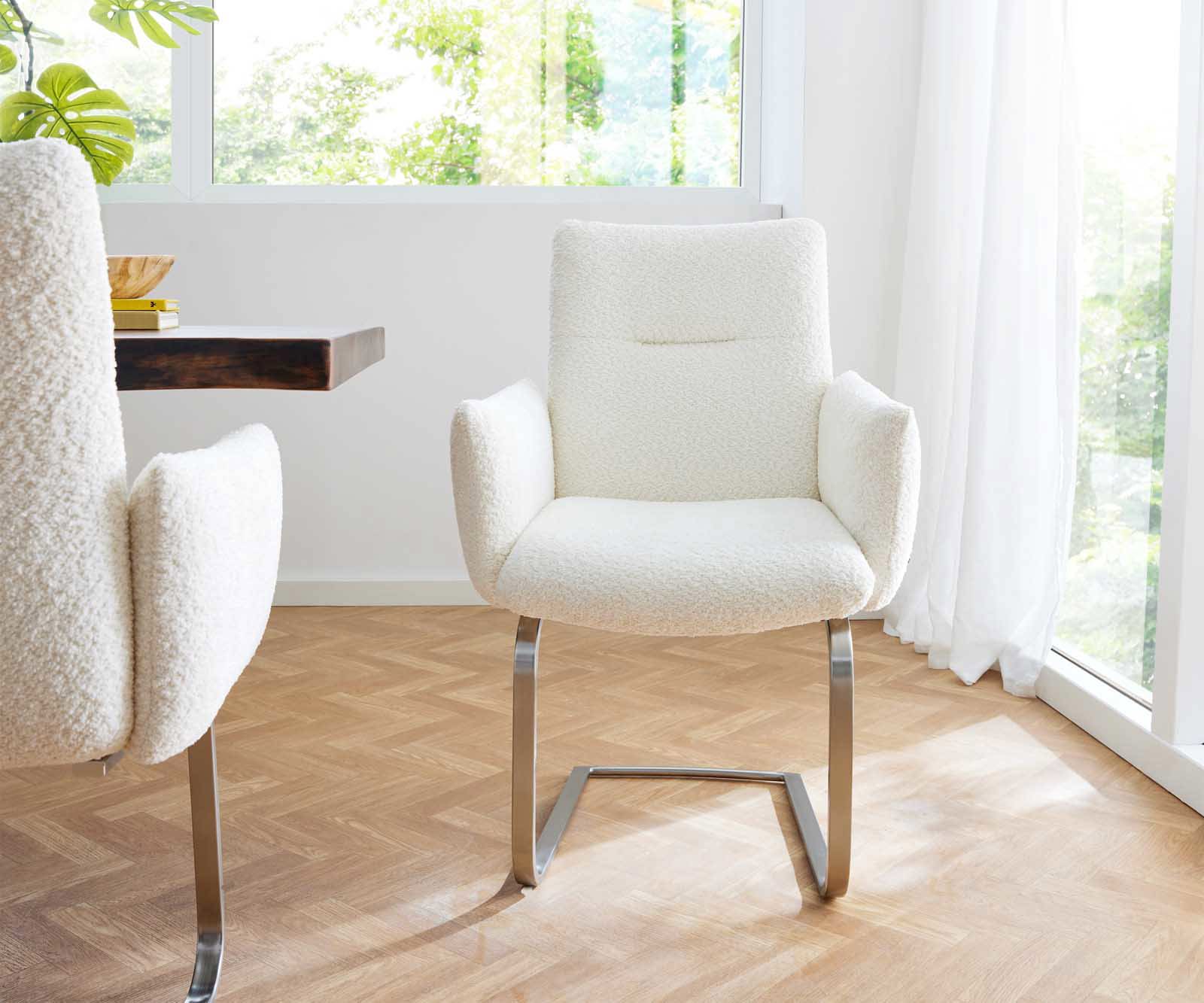 Étkezőszék Jova-Flex karfás bouclé fehér étkezőszék kerek rozsdamentes acél zsákrugós - Image 2